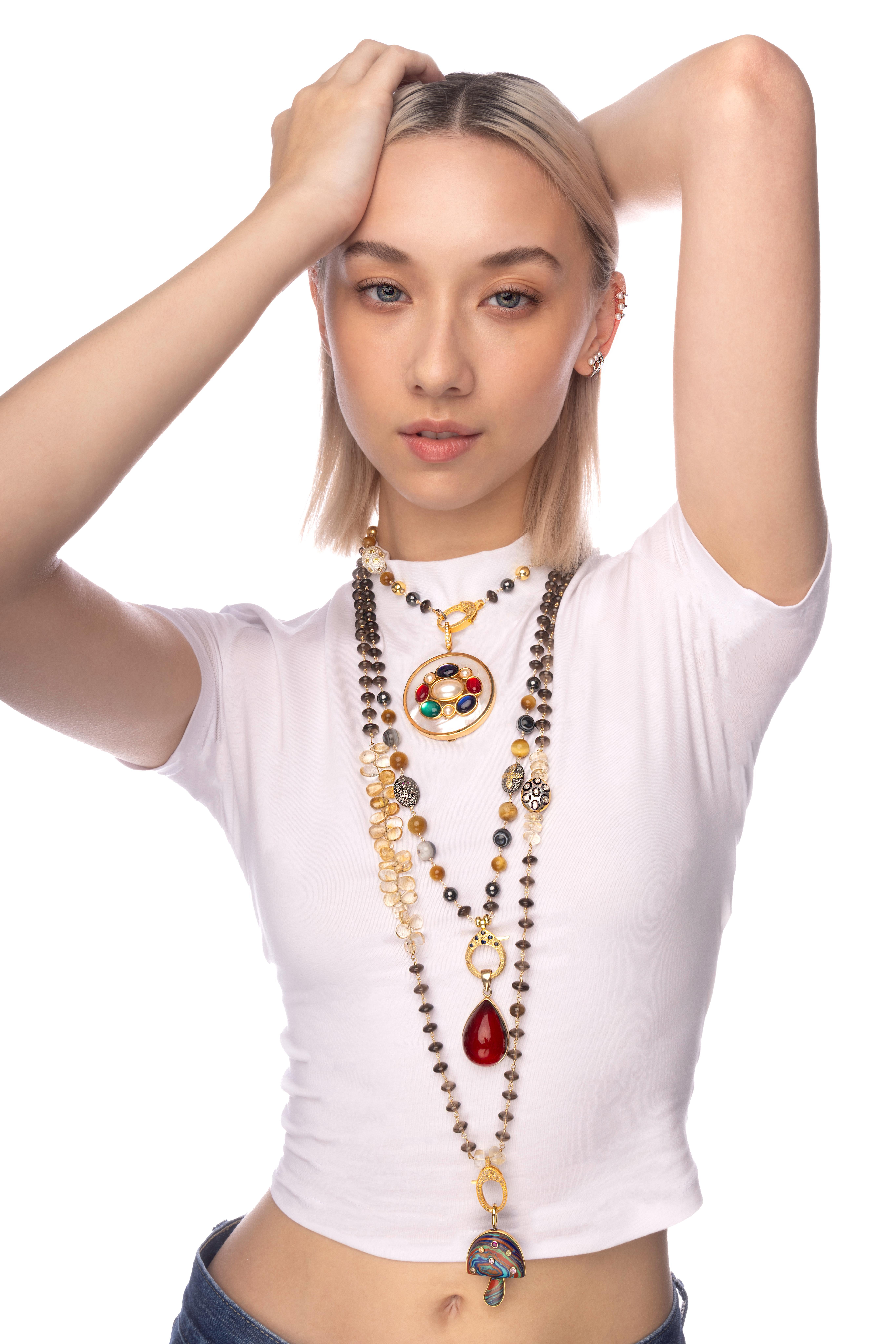 Contemporary CLARISSA BRONFMAN Brown Quartz Polki Diamond Necklace & Malachite Ebony Mushroom For Sale