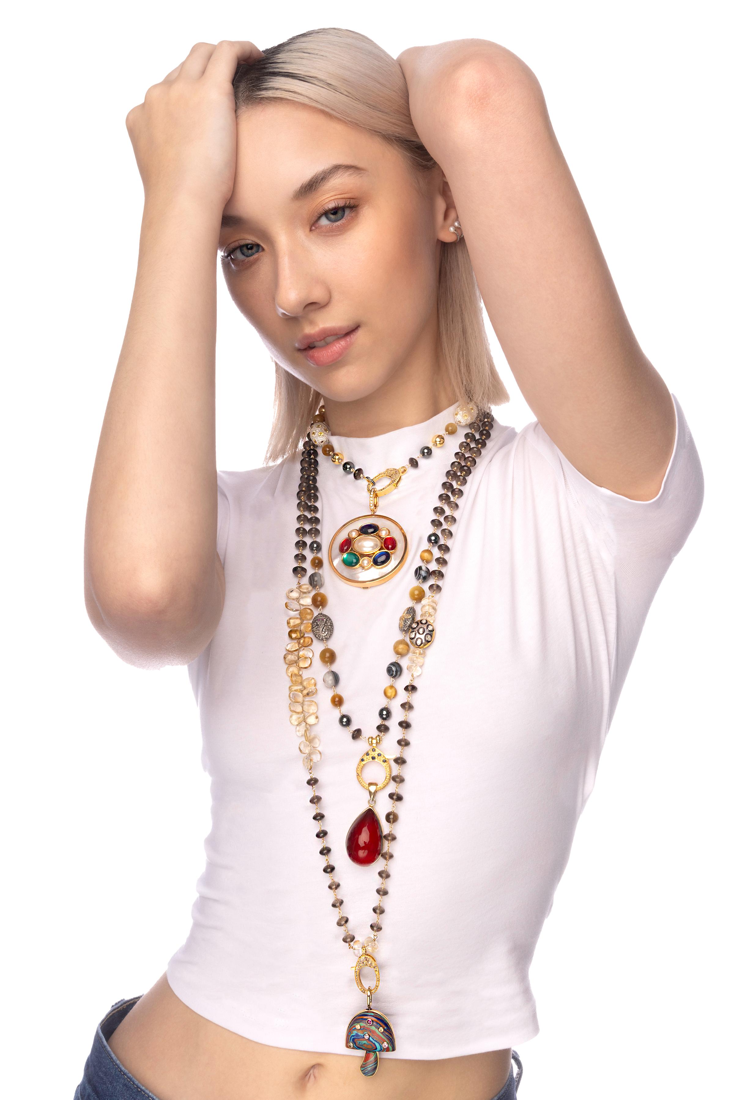 CLARISSA BRONFMAN Brown Quartz Polki Diamond Necklace & Malachite Ebony Mushroom For Sale 2
