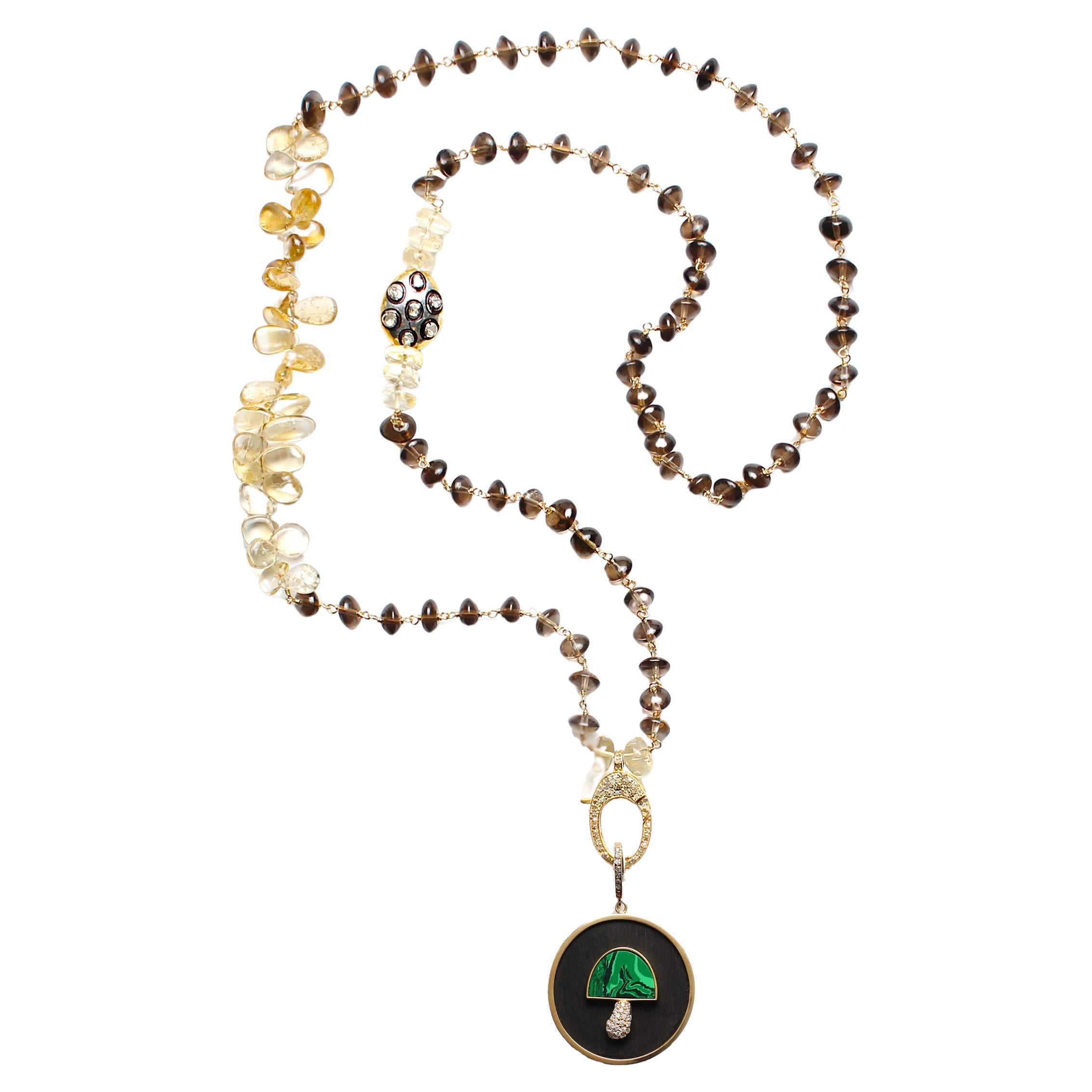 CLARISSA BRONFMAN Brown Quartz Polki Diamond Necklace & Malachite Ebony Mushroom