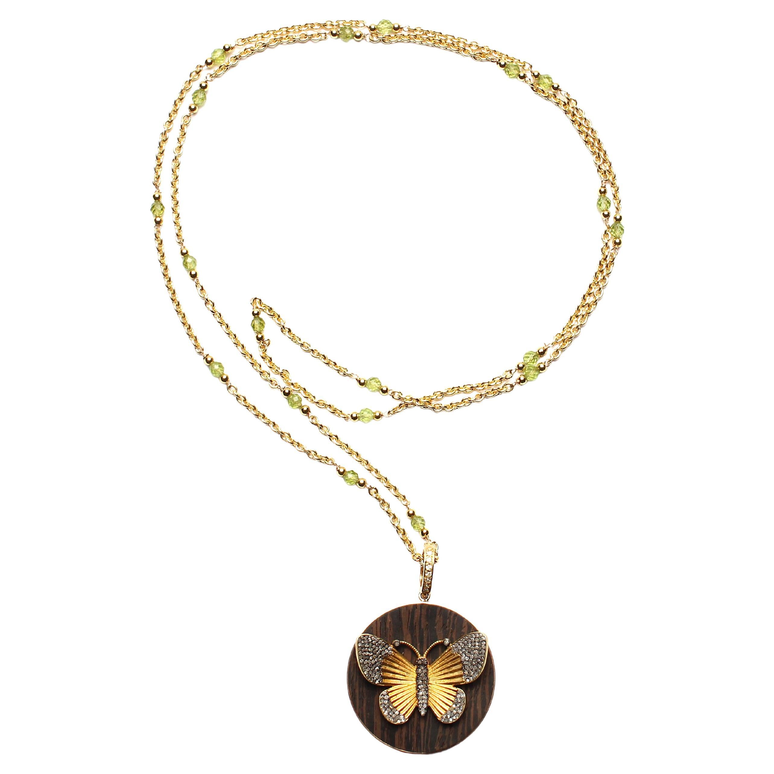 Clarissa Bronfman "Caracas" 14k Gold Peridot Necklace & Butterfly Ebony Pendant For Sale