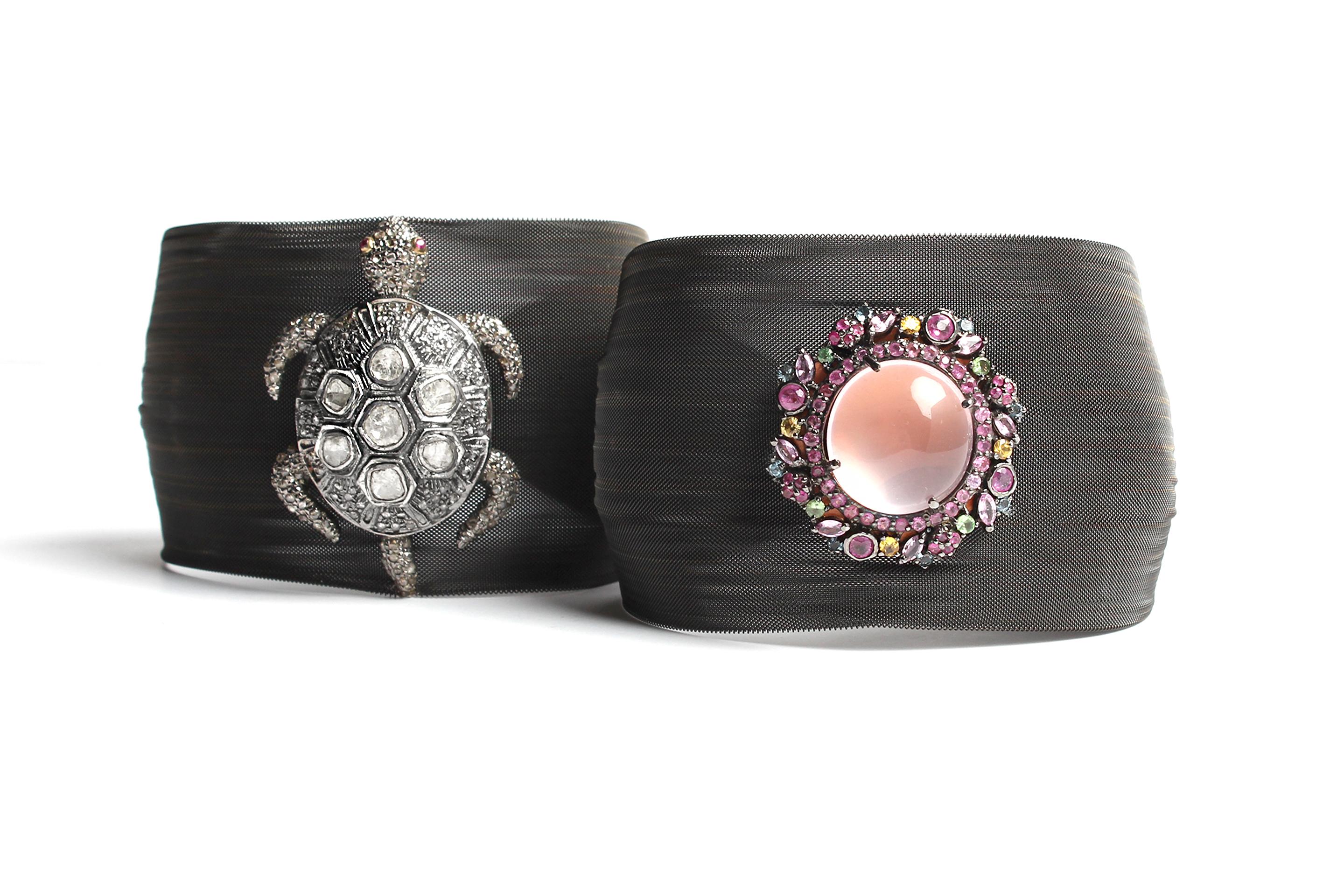 Clarissa Bronfman Charcoal Silver Mesh Rose Cut Diamond and Ruby Turtle Bracelet For Sale 7