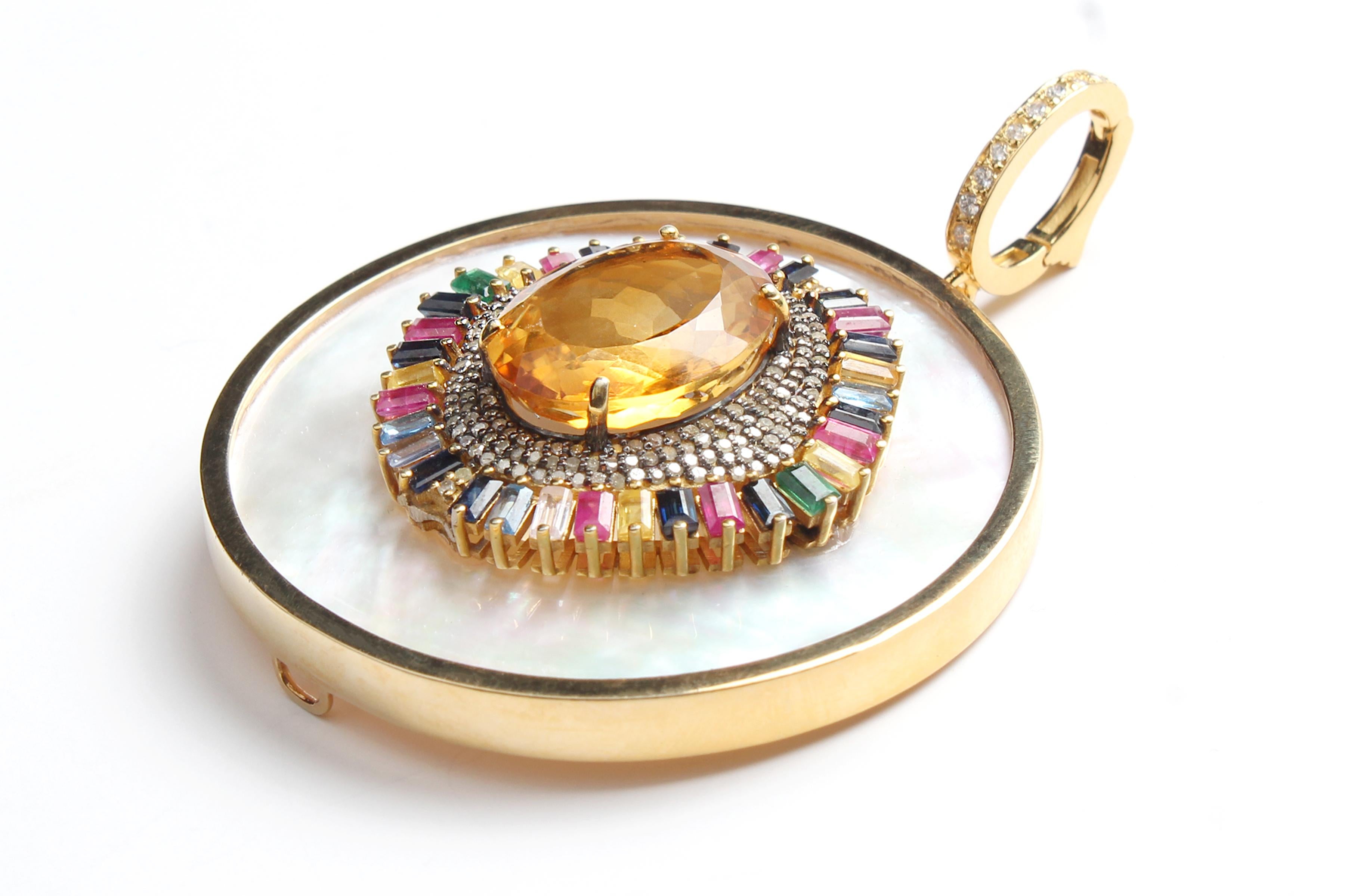 Taglio misto CLARISSA BRONFMAN Citrine Sapphire Diamond Gold MotherofPearl Pendant & Chain in vendita