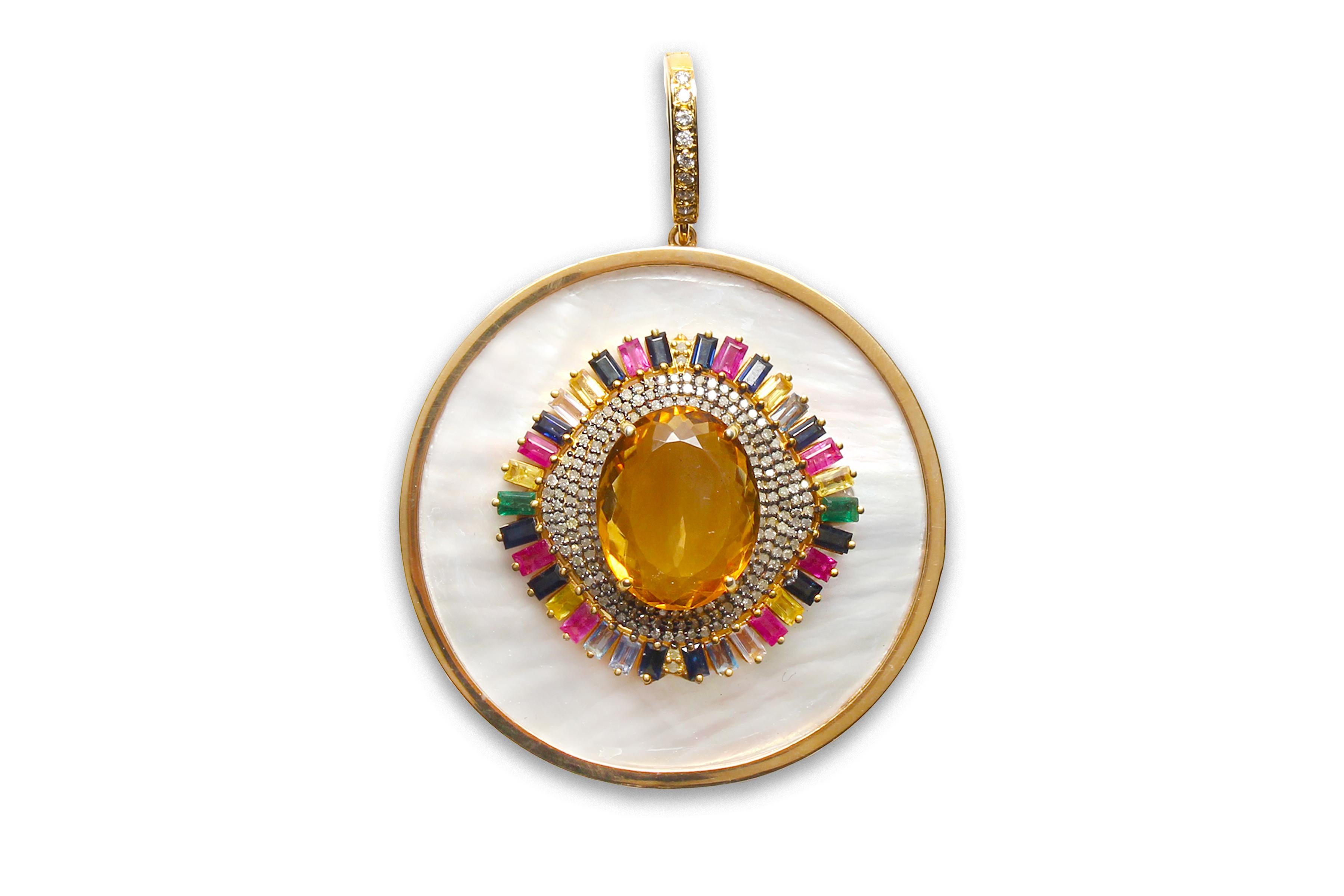 CLARISSA BRONFMAN Citrine Sapphire Diamond Gold MotherofPearl Pendant & Chain In condizioni Nuovo in vendita a New York, NY