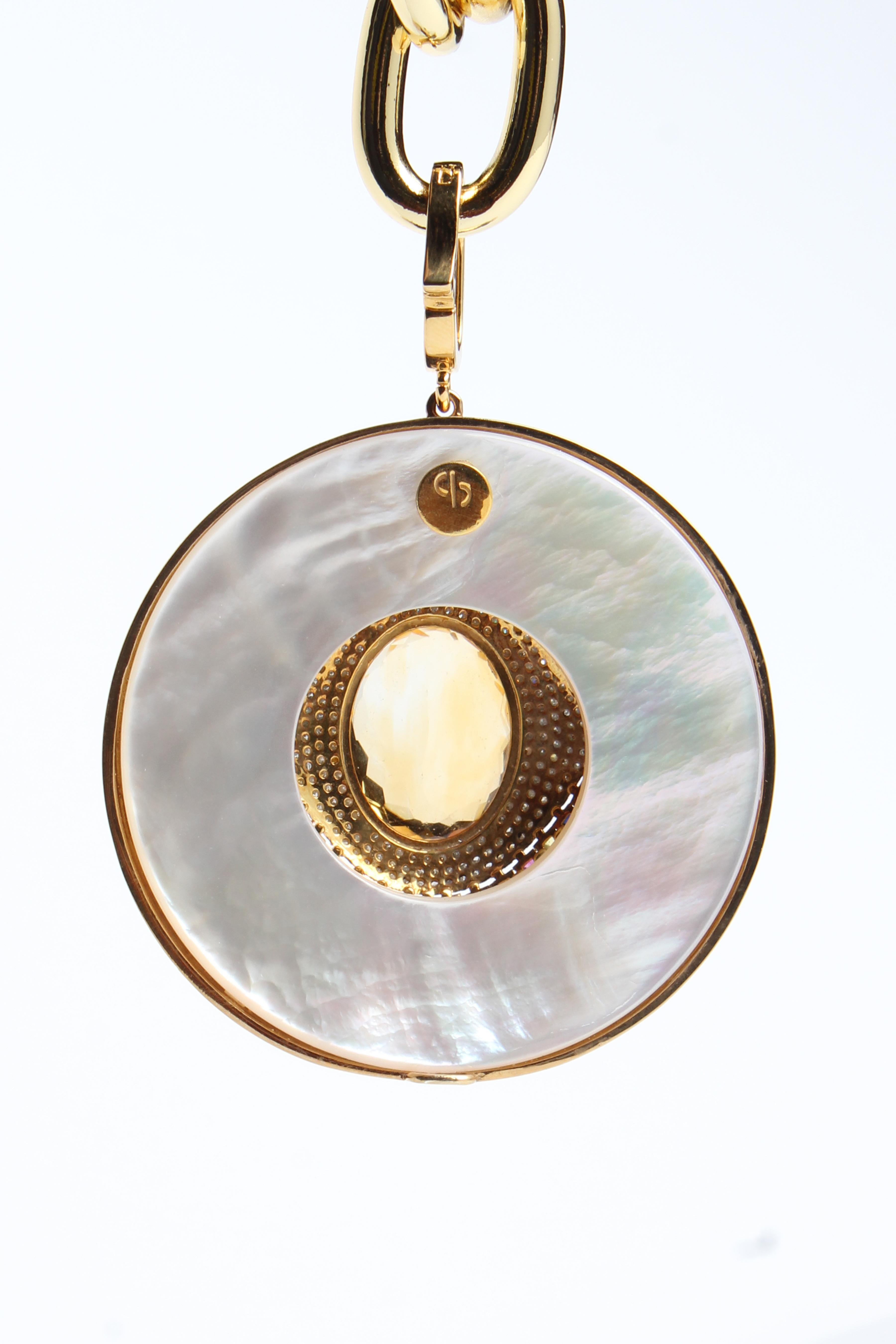 da uomo o donna CLARISSA BRONFMAN Citrine Sapphire Diamond Gold MotherofPearl Pendant & Chain in vendita