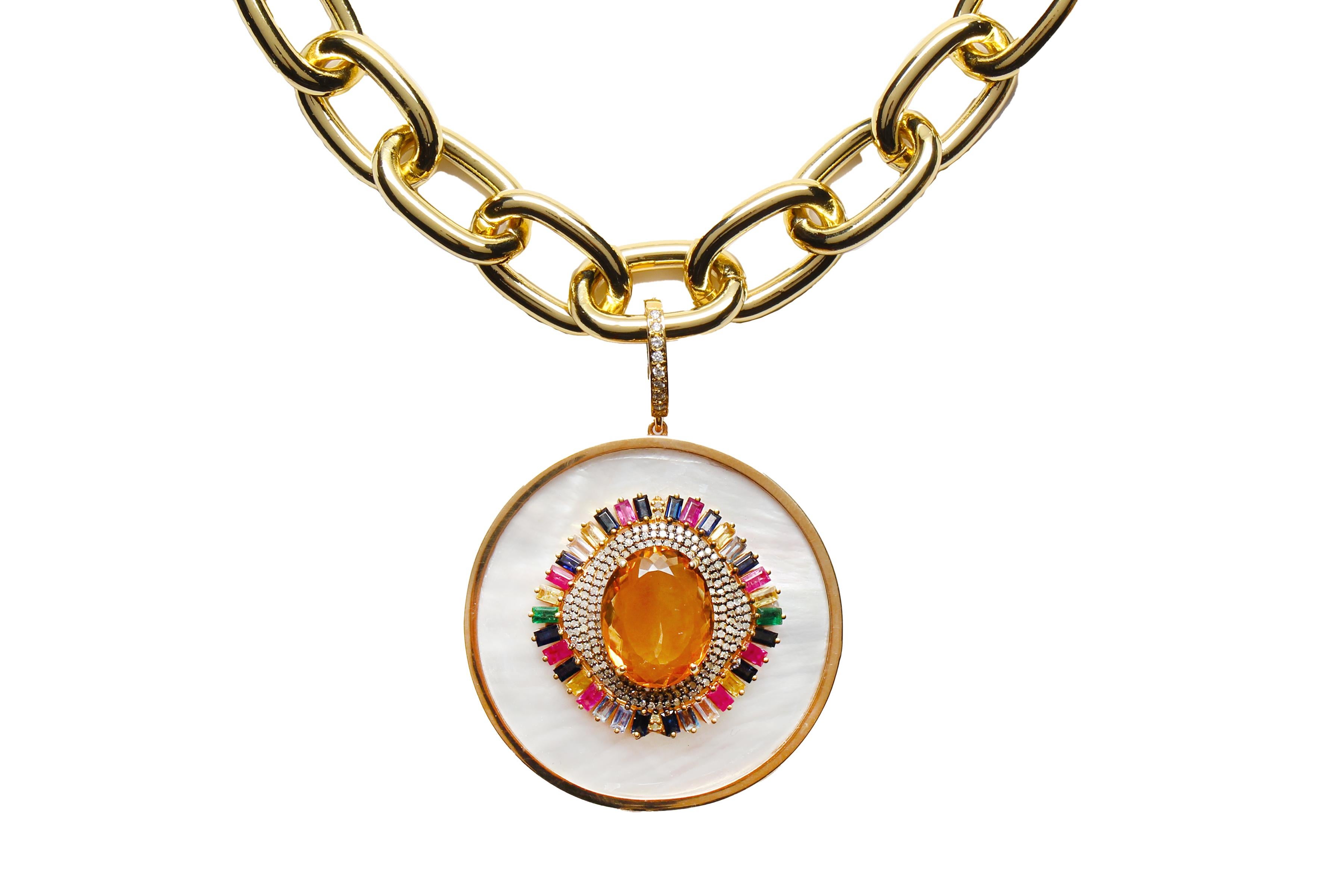 CLARISSA BRONFMAN Citrine Sapphire Diamond Gold MotherofPearl Pendant & Chain in vendita 1