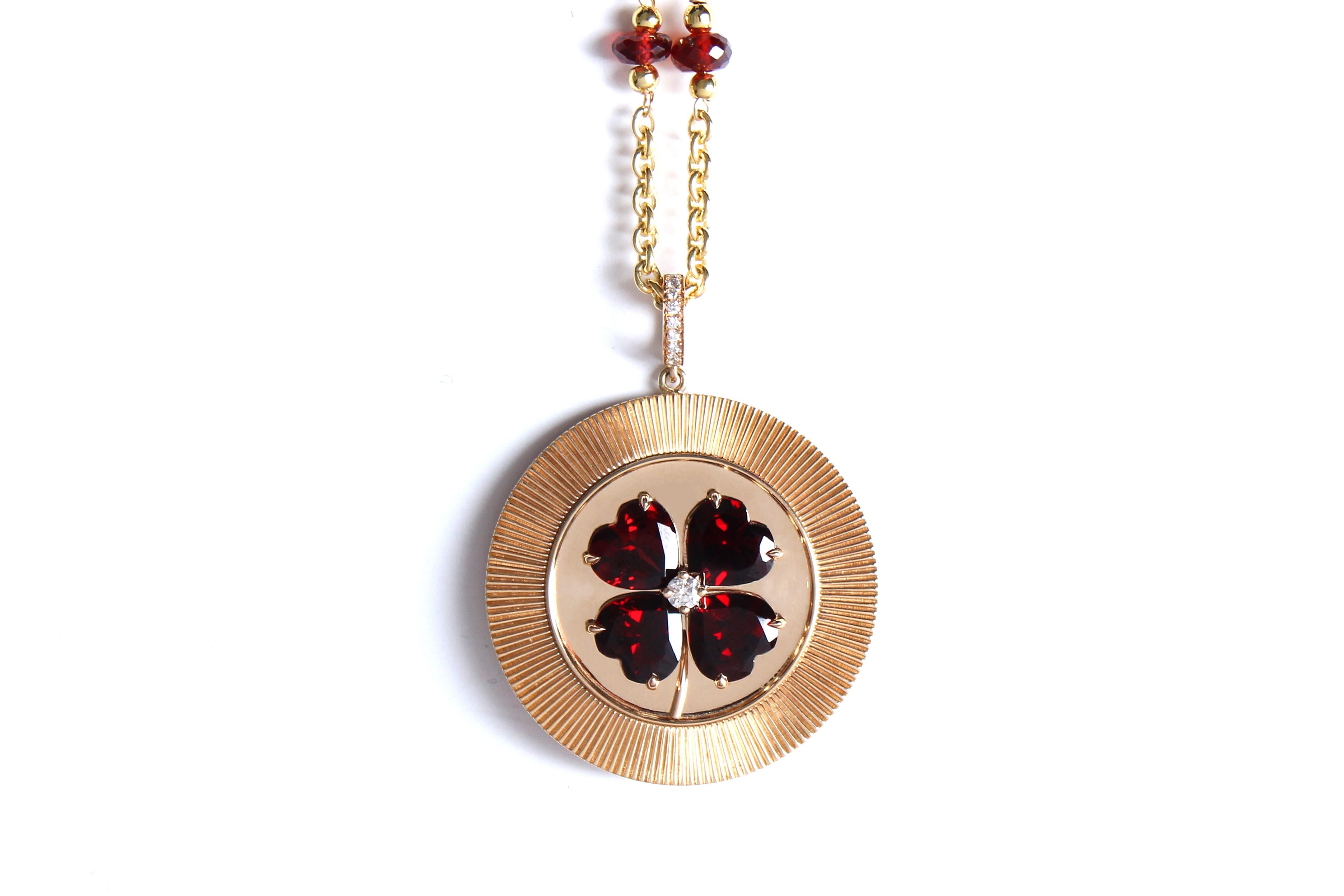Clarissa Bronfman Garnet Clover Diamond 14k SolidGold Medallion Pendant Necklace For Sale 1