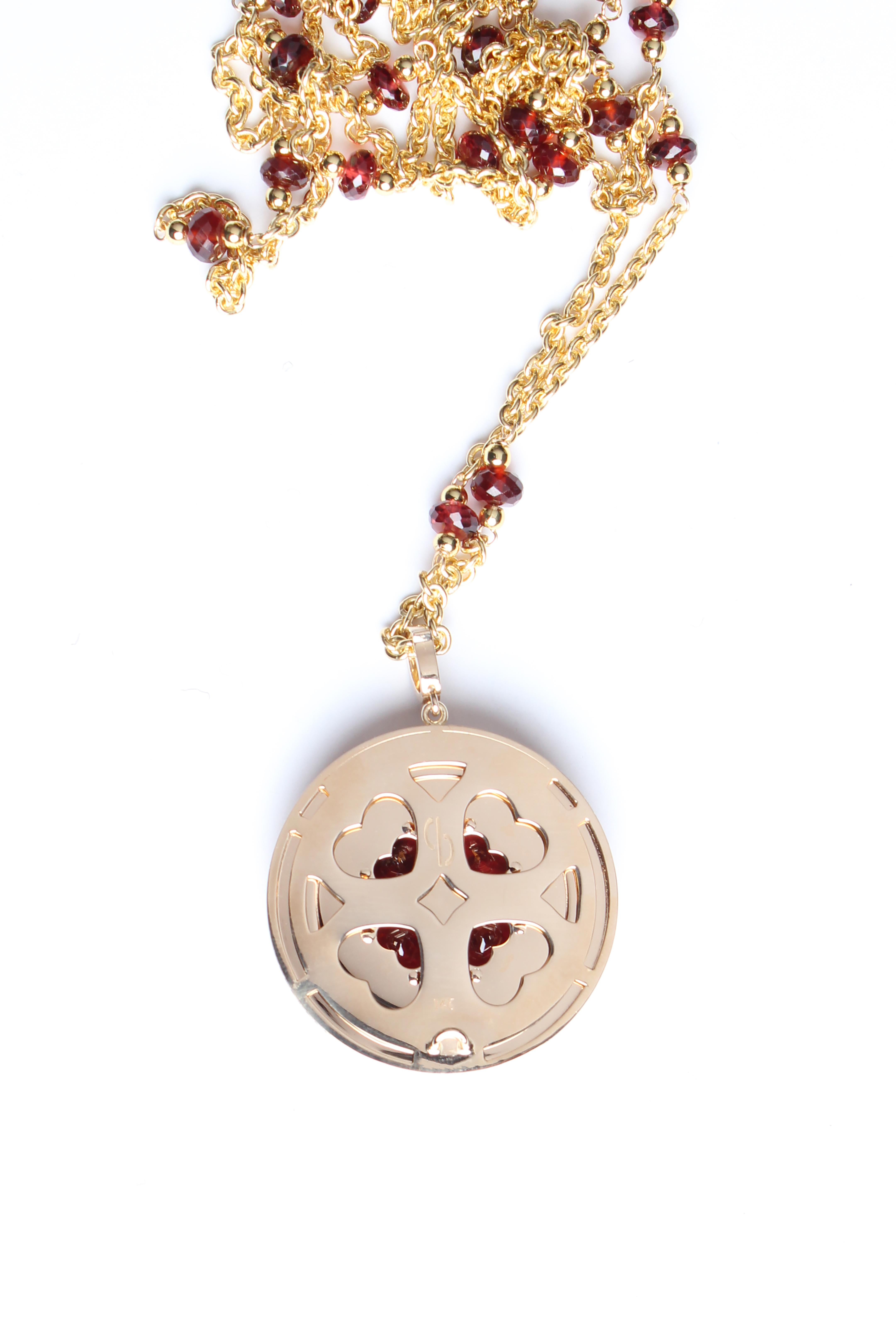 Contemporary Clarissa Bronfman Clover Diamond 14kGold Medallion 18kGold Garnet Caracas Neckla For Sale