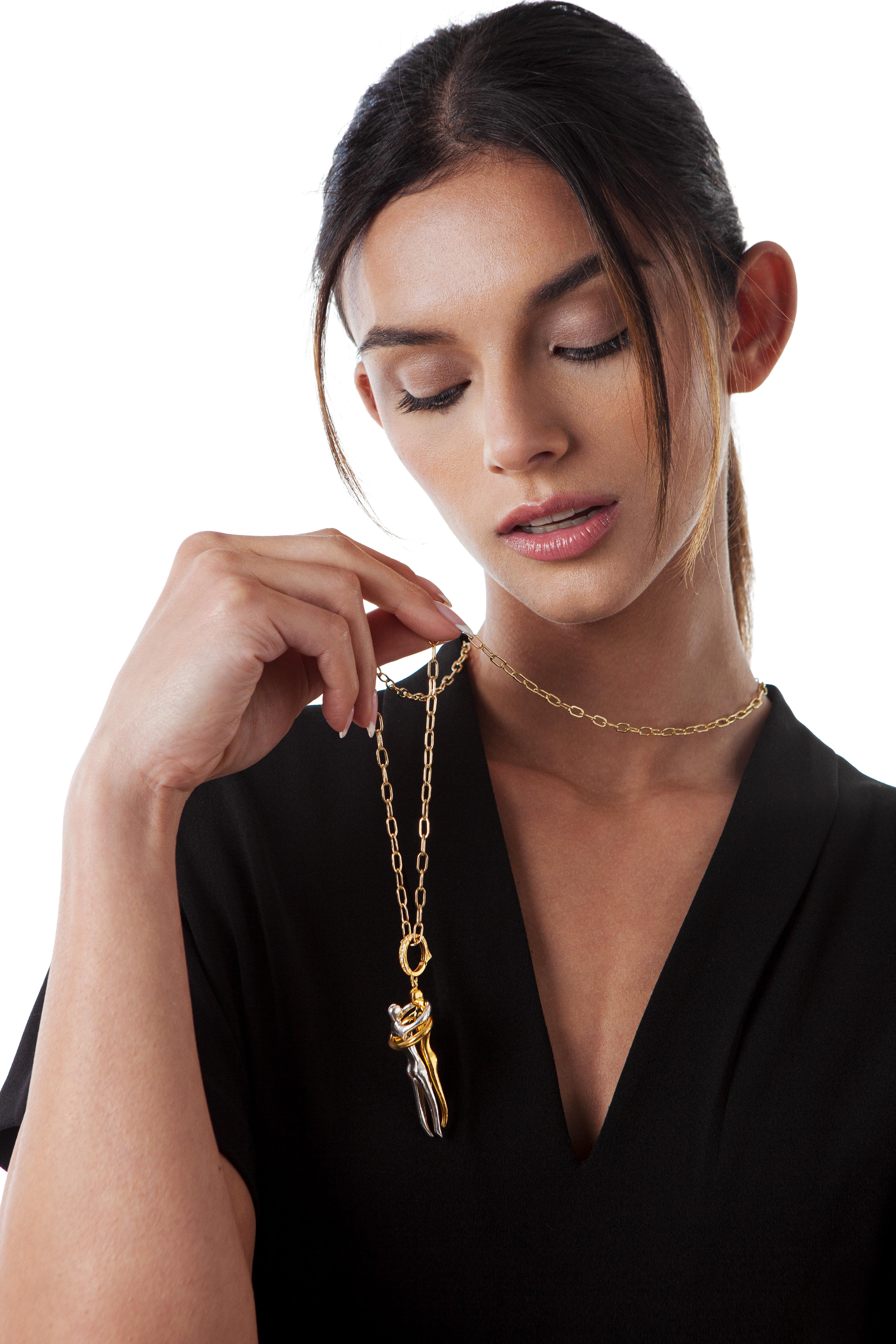 Mixed Cut CLARISSA BRONFMAN Couple's Embrace Pendant & Gold Rhodium Diamond Chain Necklace For Sale