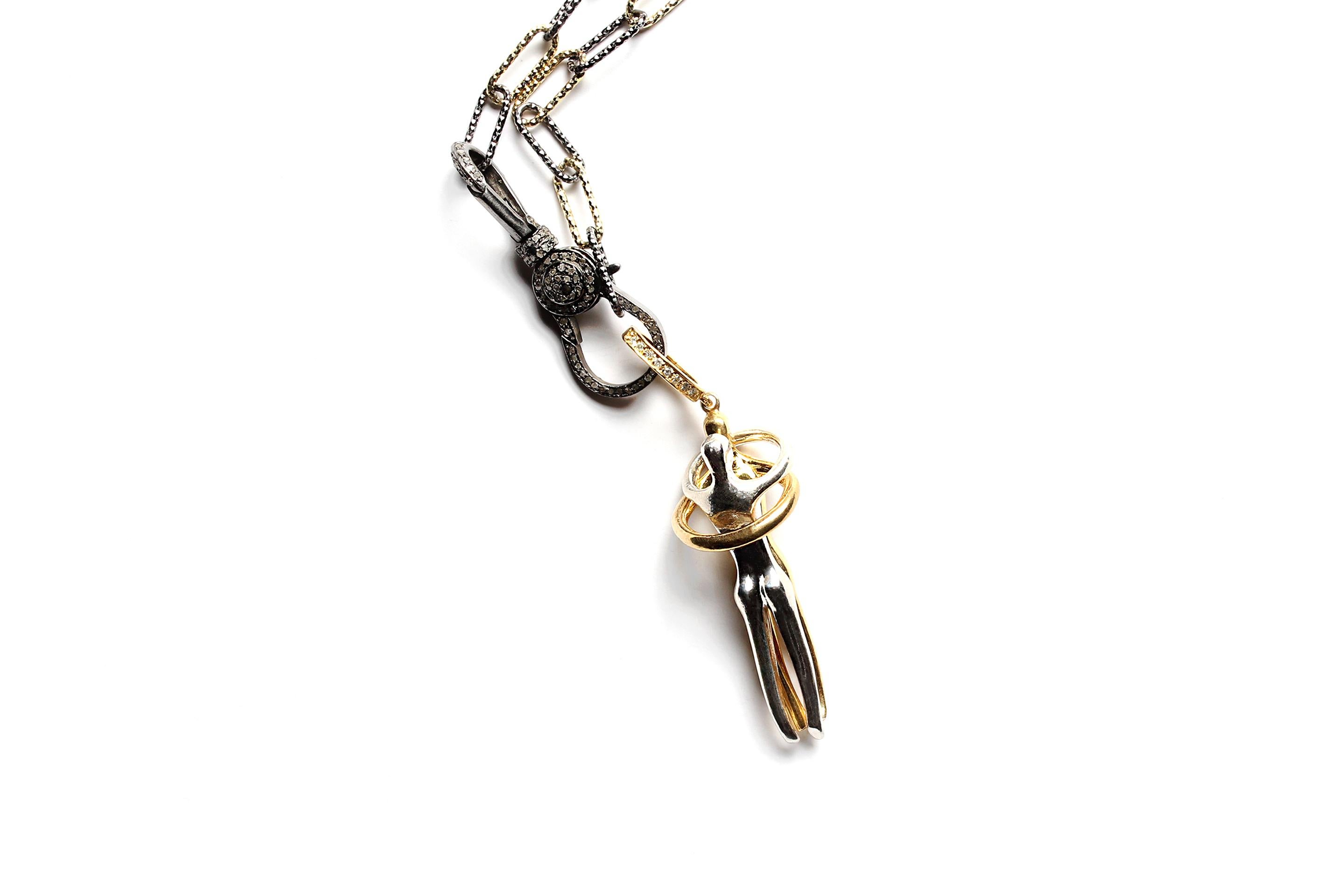 Women's or Men's CLARISSA BRONFMAN Couple's Embrace Pendant & Gold Rhodium Diamond Chain Necklace For Sale