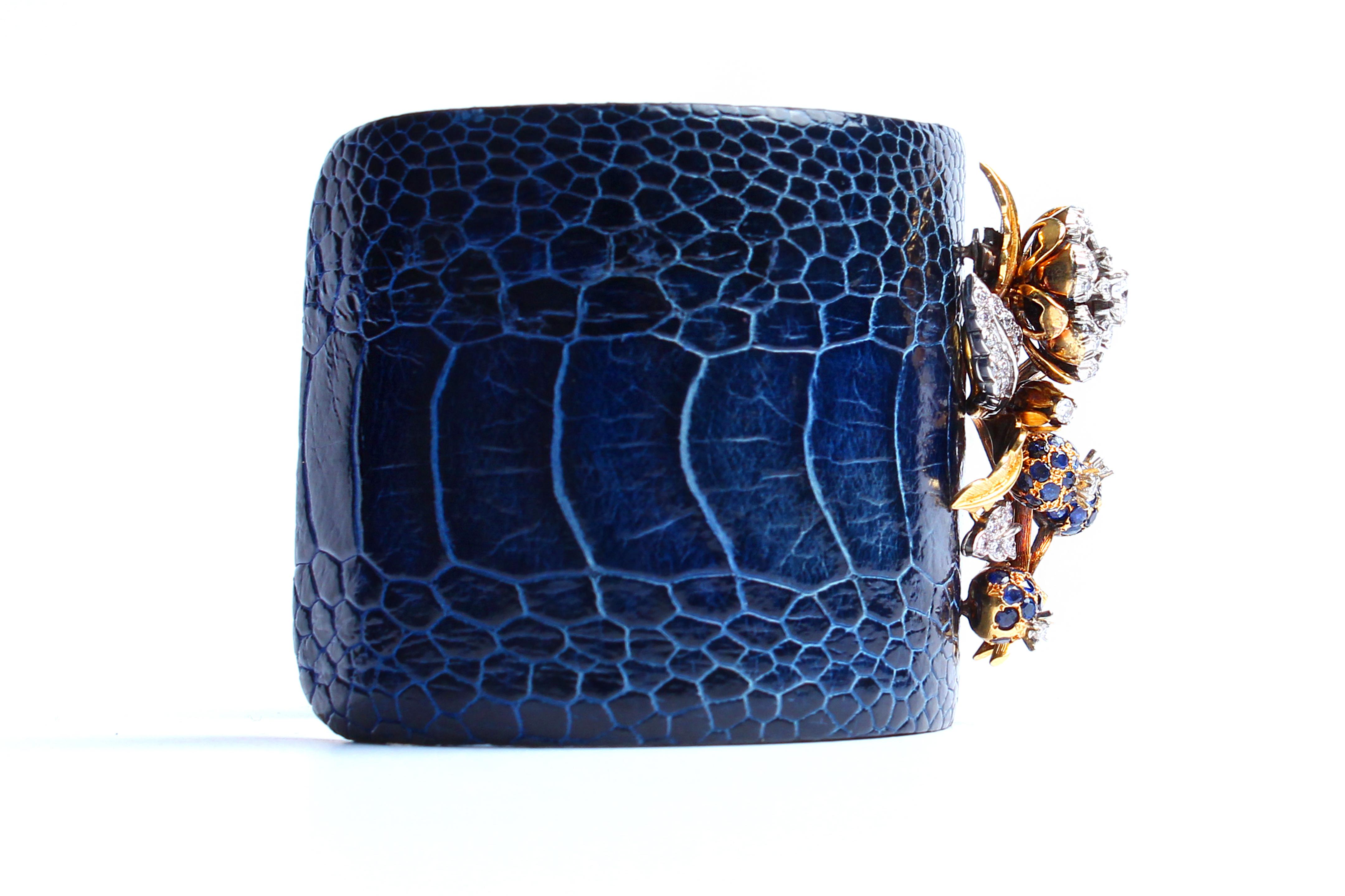 Women's or Men's Clarissa Bronfman Crocodile Cuff 14k Gold Sapphire Diamond Flower Charm Cuff