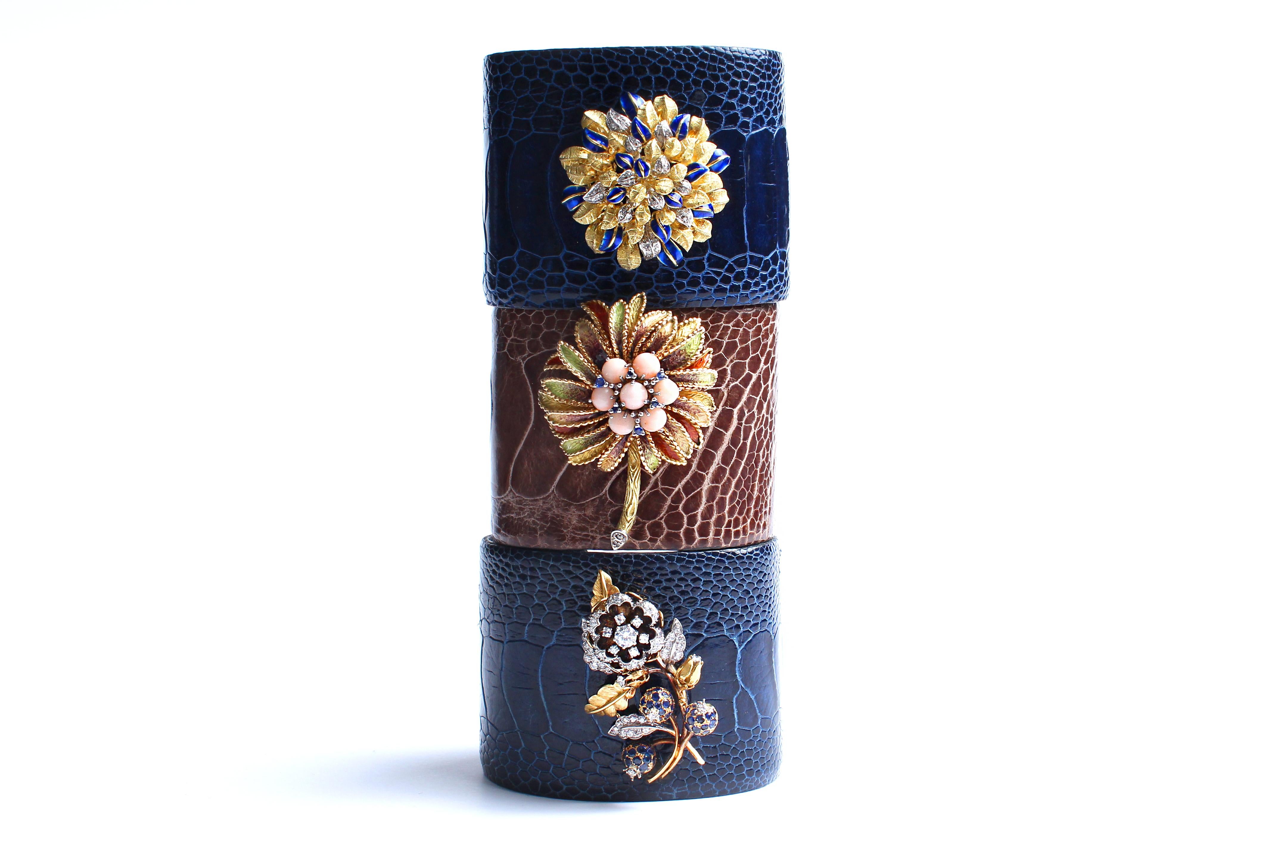 Clarissa Bronfman Crocodile Cuff 14k Gold Sapphire Diamond Flower Charm Cuff 1