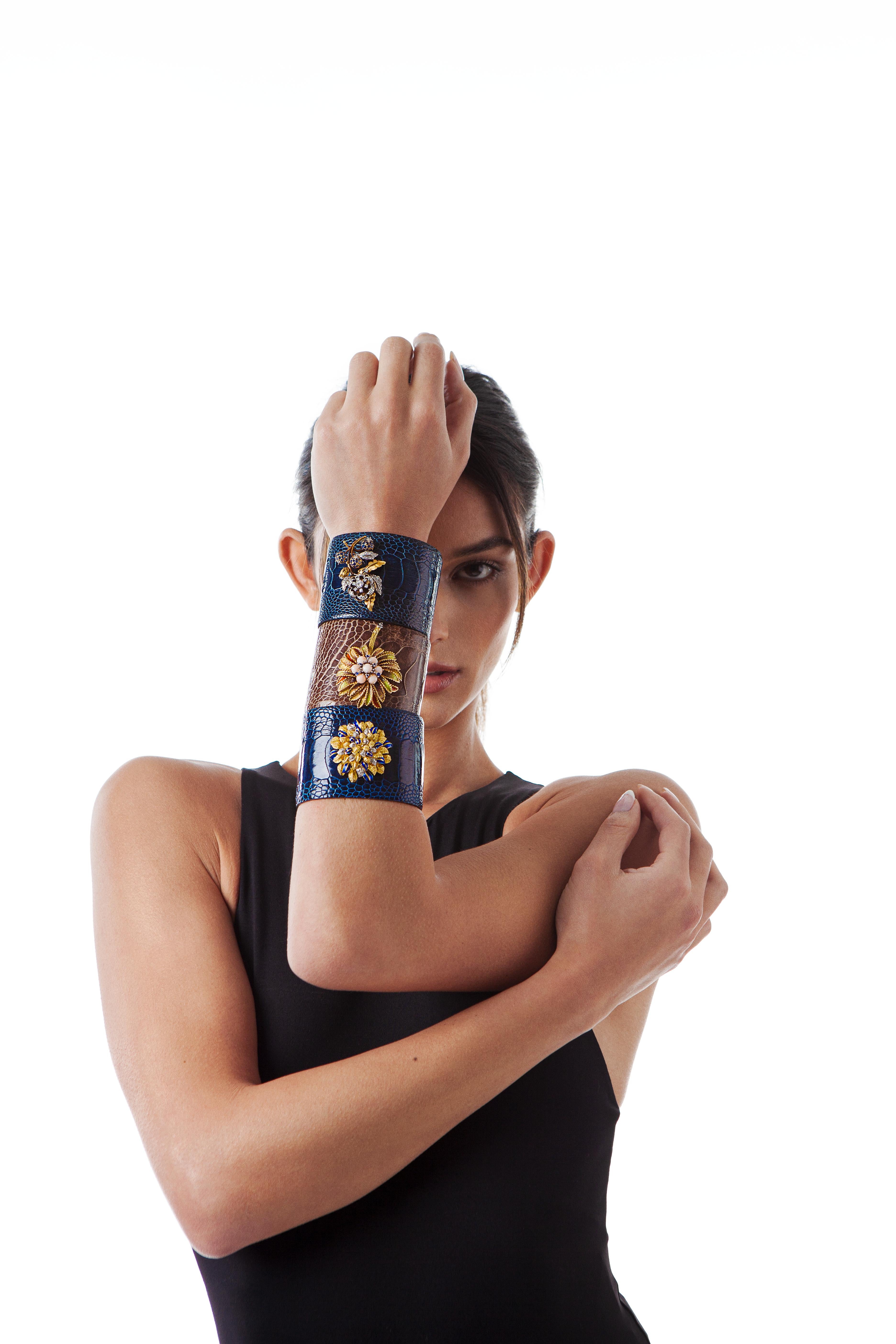 Brilliant Cut Clarissa Bronfman Crocodile Cuff 14k Gold Sapphire Diamond Flower Charm Cuff