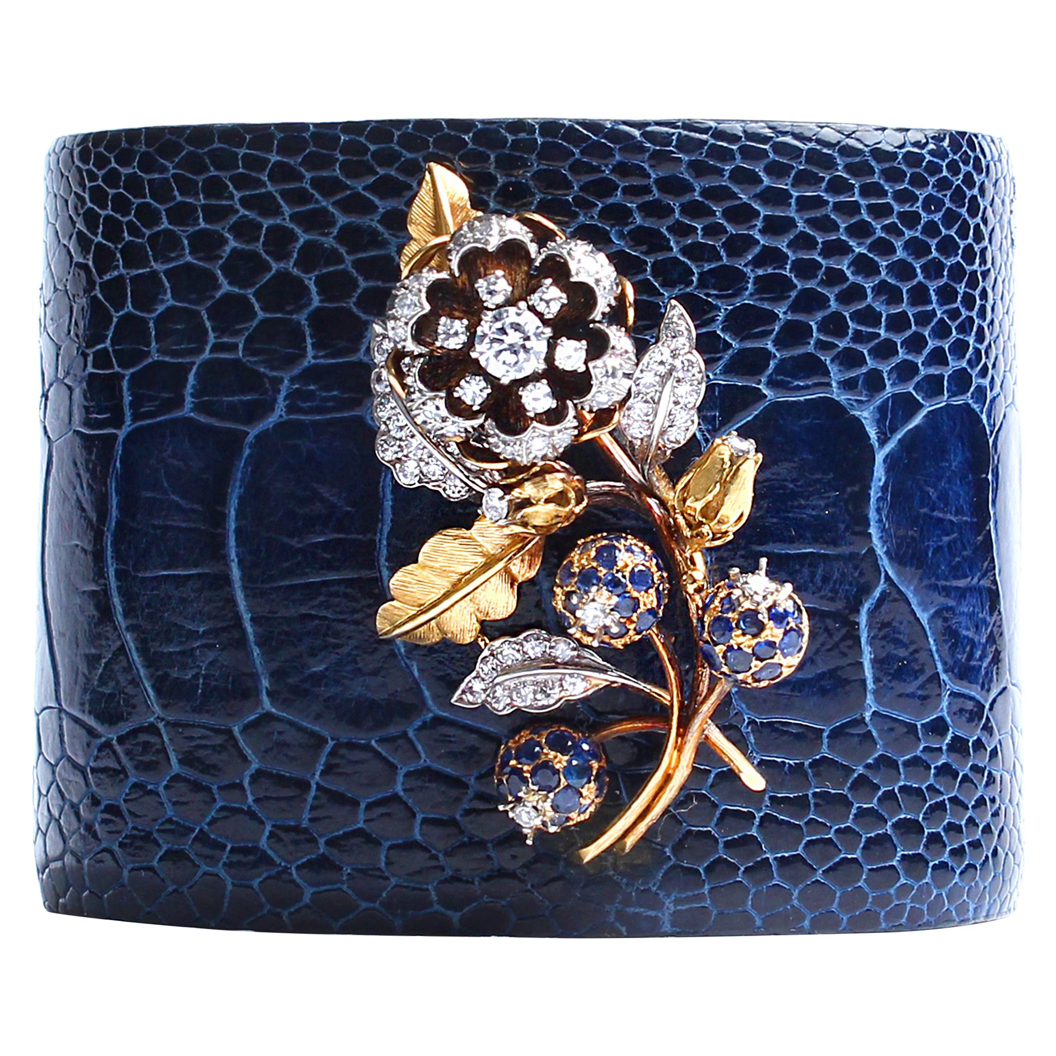 Clarissa Bronfman Crocodile Cuff 14k Gold Sapphire Diamond Flower Charm Cuff