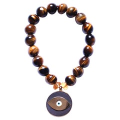 Clarissa Bronfman Dark Tiger Eye Citrine Beaded Gold Ebony Evil Eye Bracelet