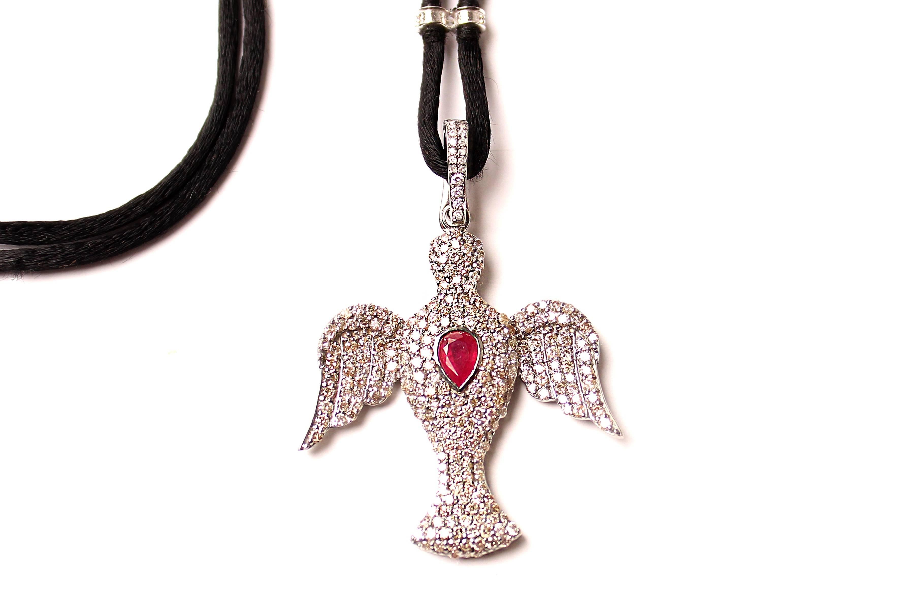 Contemporary Clarissa Bronfman Diamond and Ruby Bird Pendant on Adjustable Cord with Diamonds
