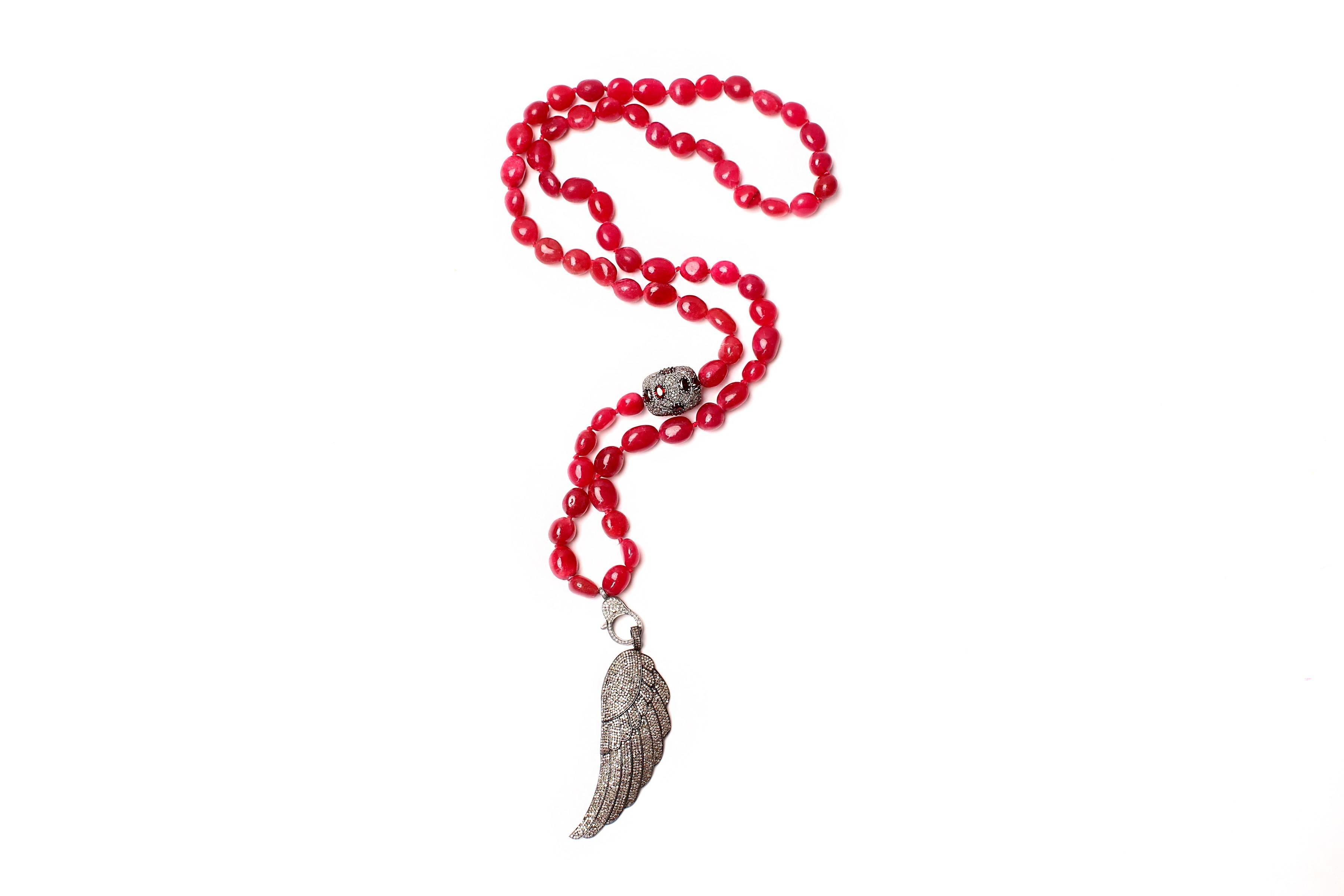 Contemporary Clarissa Bronfman Diamond Angel Wing on Raw Cut Moroccan Ruby Necklace
