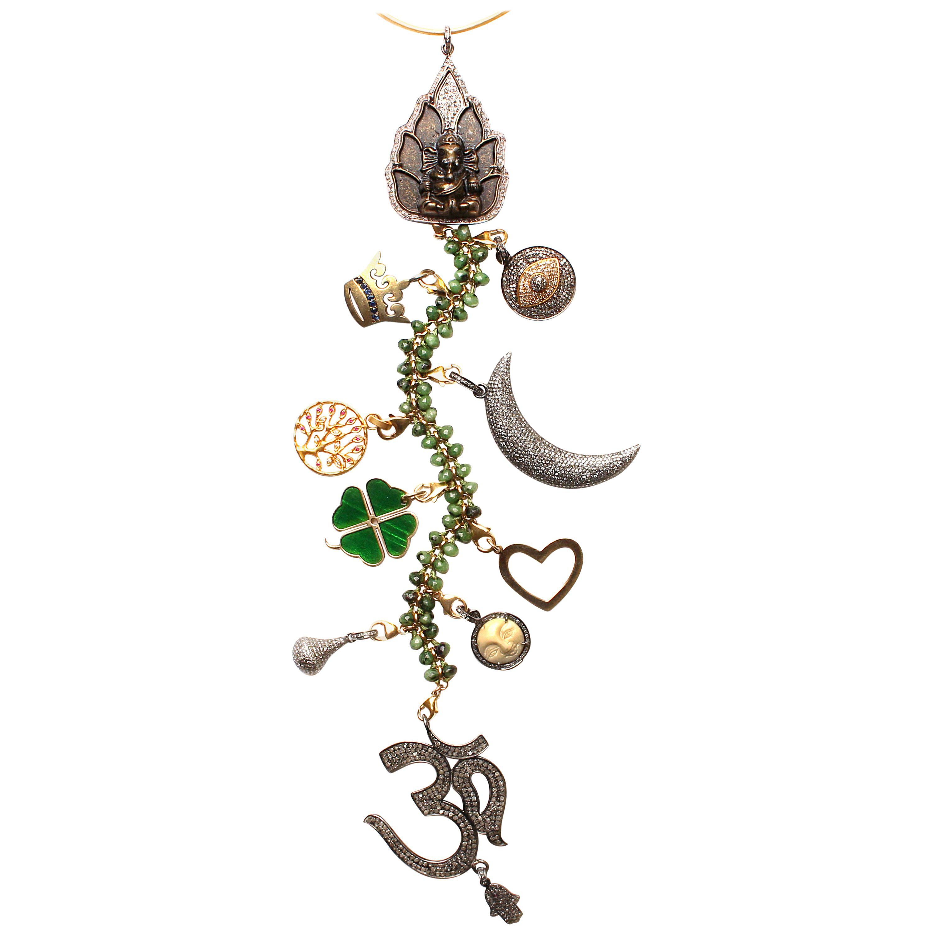 Clarissa Bronfman Diamond Emerald, Bone 'High Class Affair' Symbol Tree Necklace