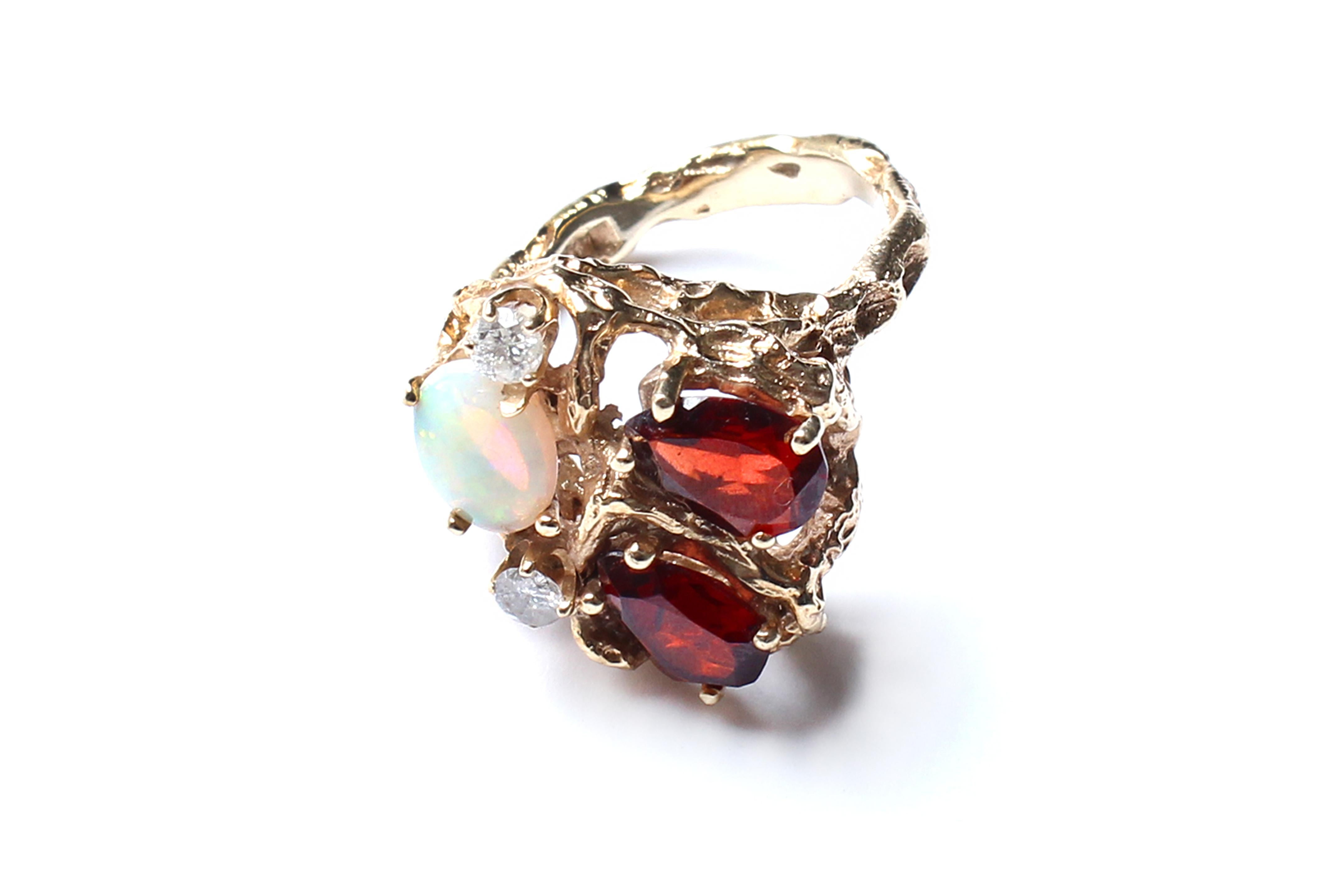 Mixed Cut Vintage Diamond, Ruby, Ethiopian Opal Ring