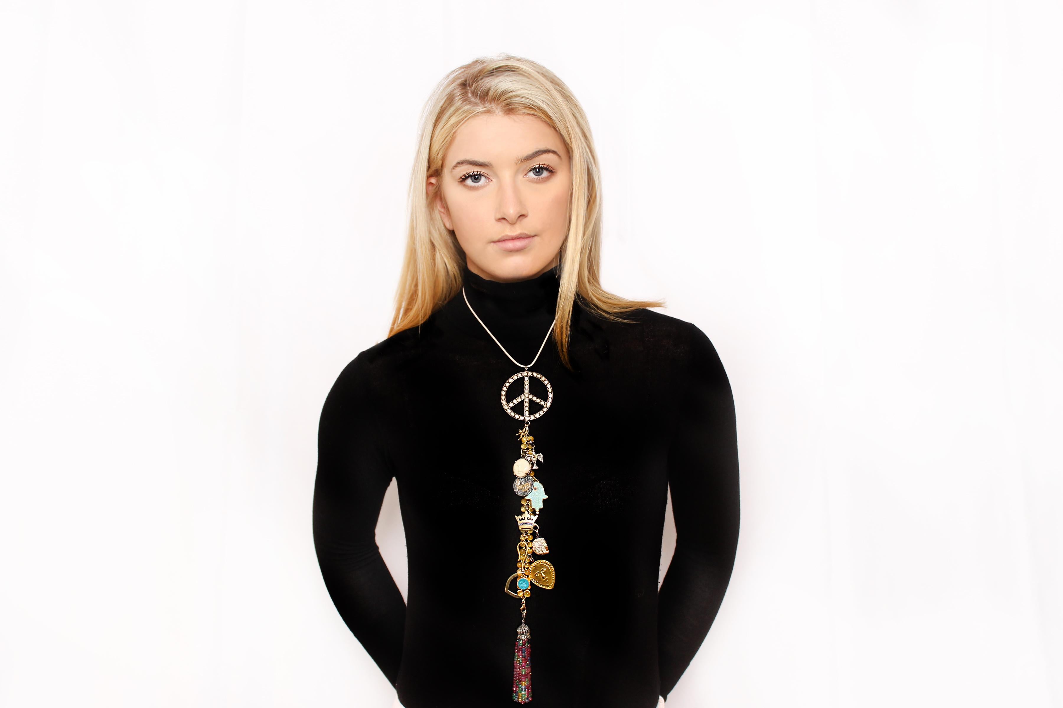 Our signature Symbol Tree Necklaces are each unique and made to be versatile. Attaches to 14 inch Genuine Black Leather Cord with 14K Gold Auto Lock Clasp (included) so charms cascade down - top and bottom pendants can be removed so piece can also