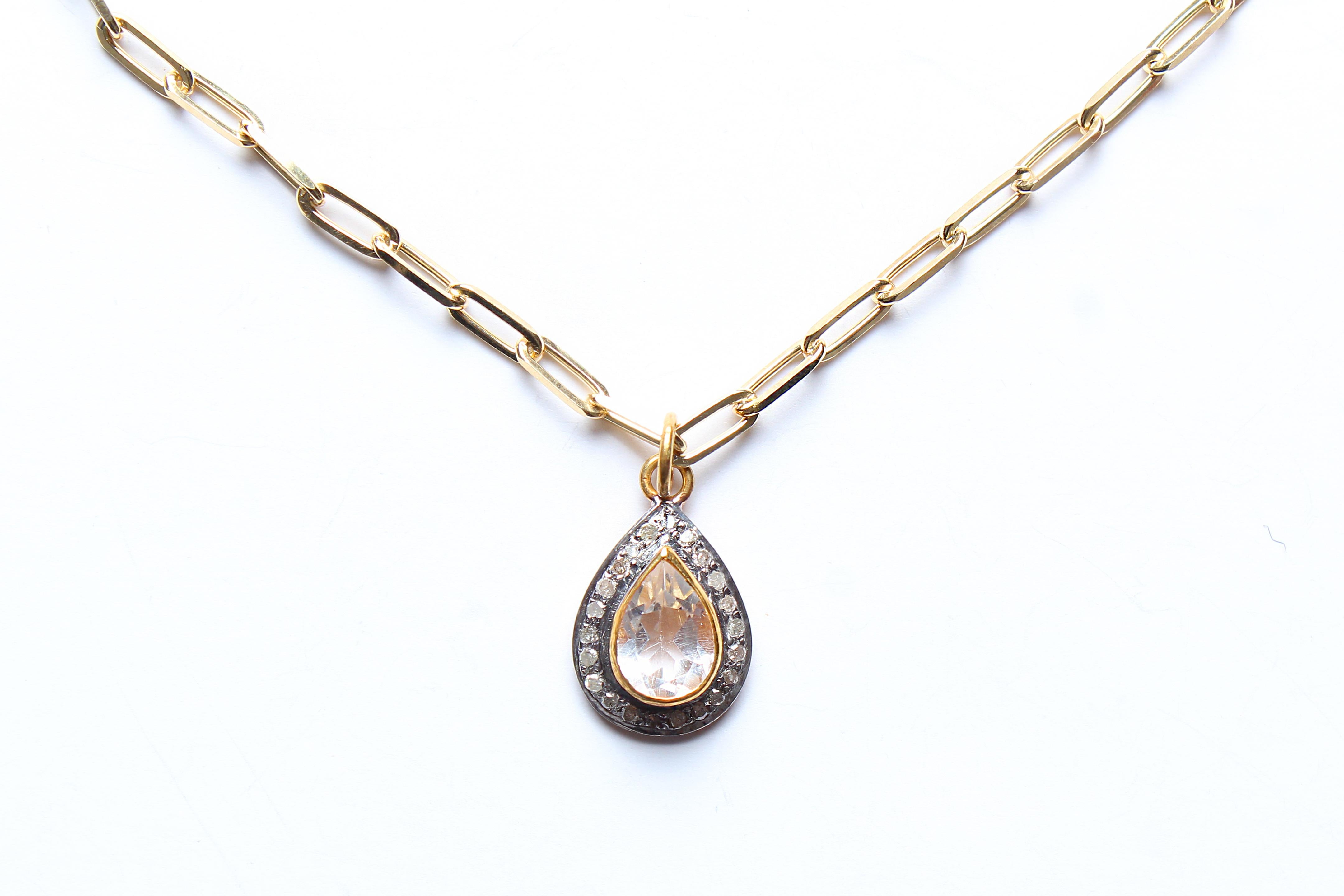 Contemporary Clarissa Bronfman Diamond Topaz 14k Gold Paper Clip Link Chain Necklace For Sale