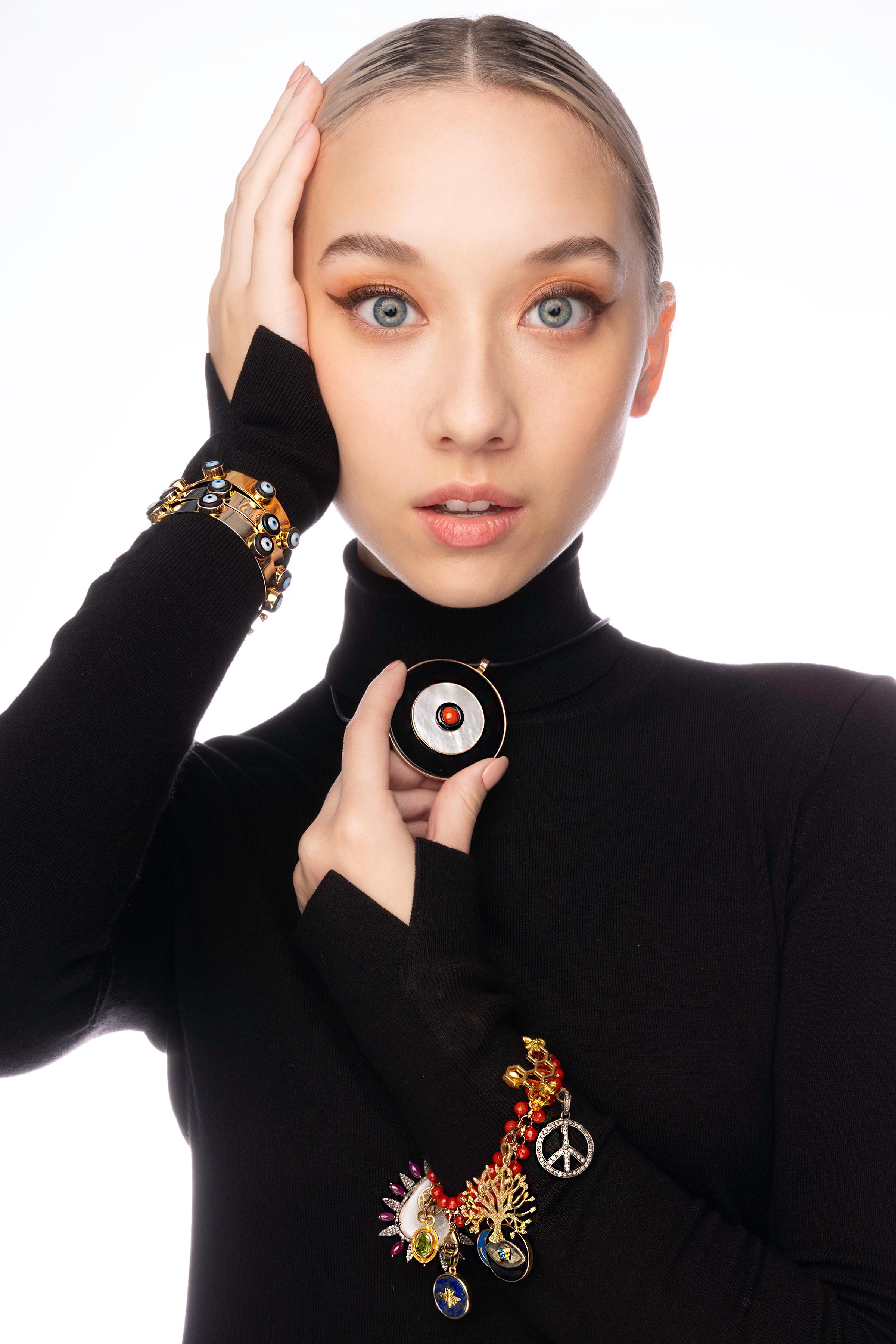 Clarissa Bronfman 'Dino' Evil Eye Silver 14k Gold Ebony Diamond LockBracelet For Sale 3