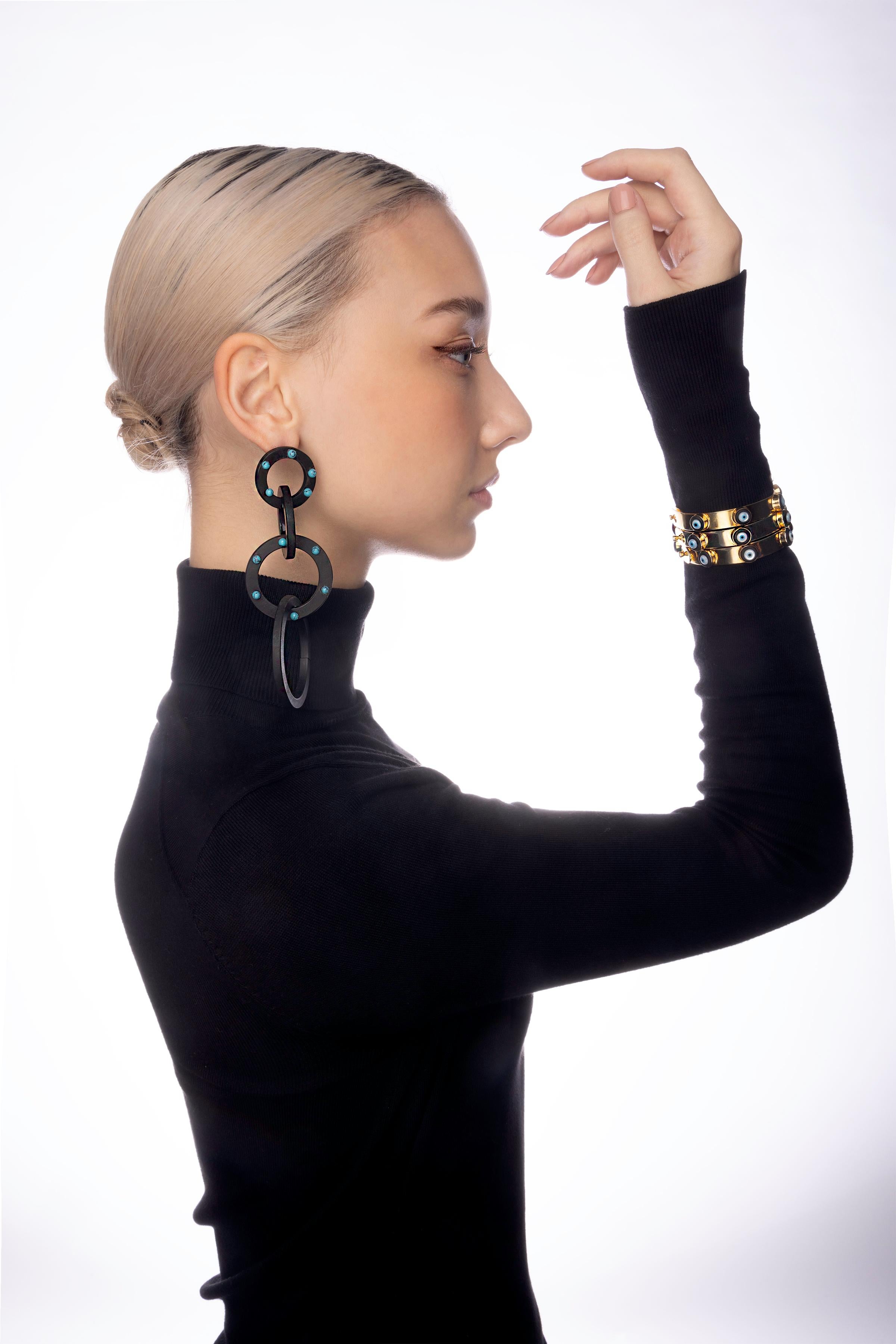 Contemporary Clarissa Bronfman 'Dino' Evil Eye Silver 14k Gold Ebony Diamond LockBracelet For Sale