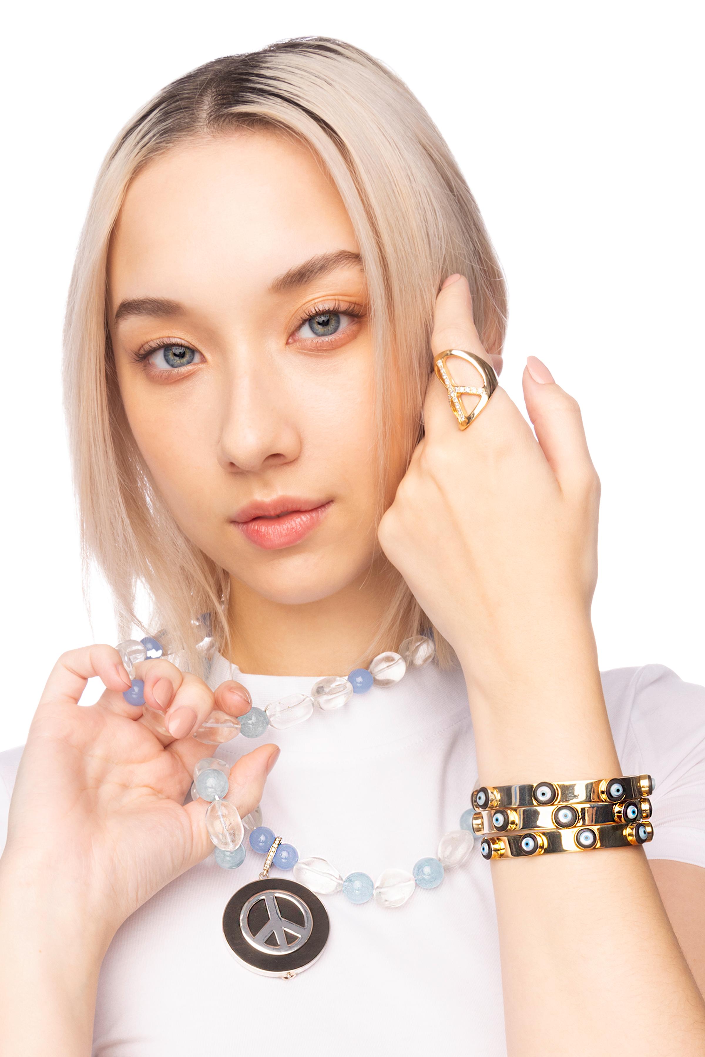 Women's Clarissa Bronfman 'Dino' Evil Eye Silver 14k Gold Ebony Diamond LockBracelet For Sale