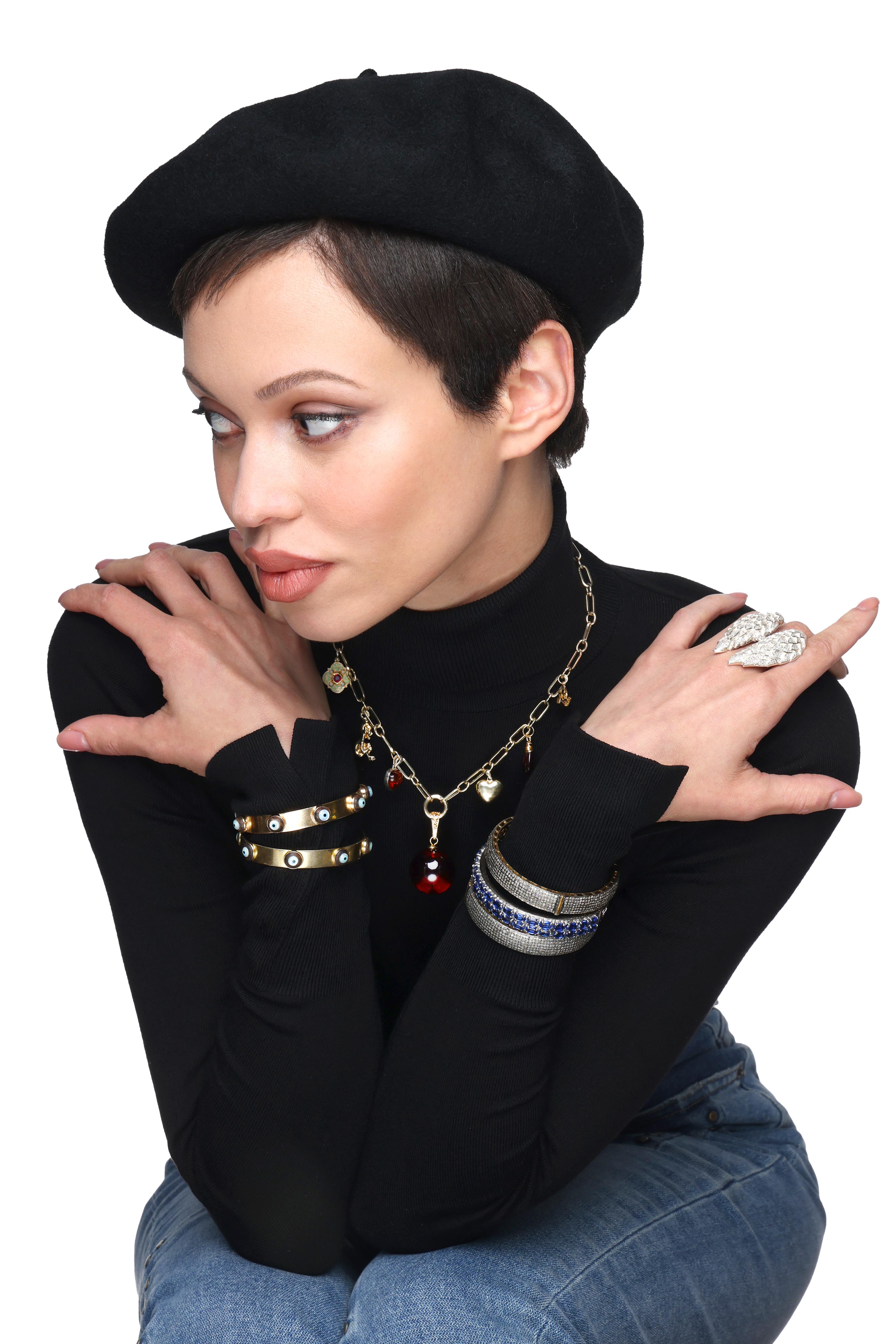 Clarissa Bronfman 'Dino' Evil Eye Silver 14k Gold Ebony Diamond LockBracelet For Sale 6