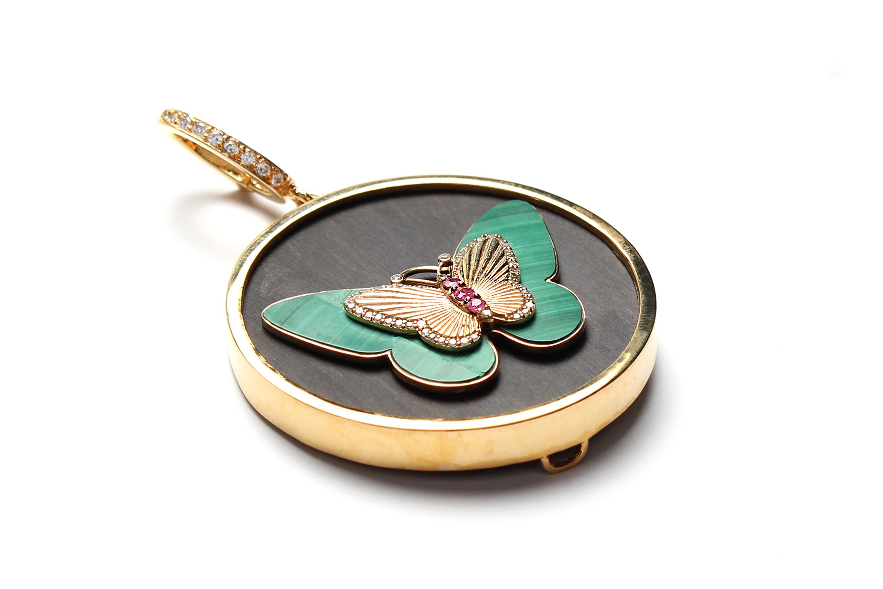 Mixed Cut CLARISSA BRONFMAN Ebony 14k Gold Diamond Malachite Ruby Butterfly Pendant For Sale