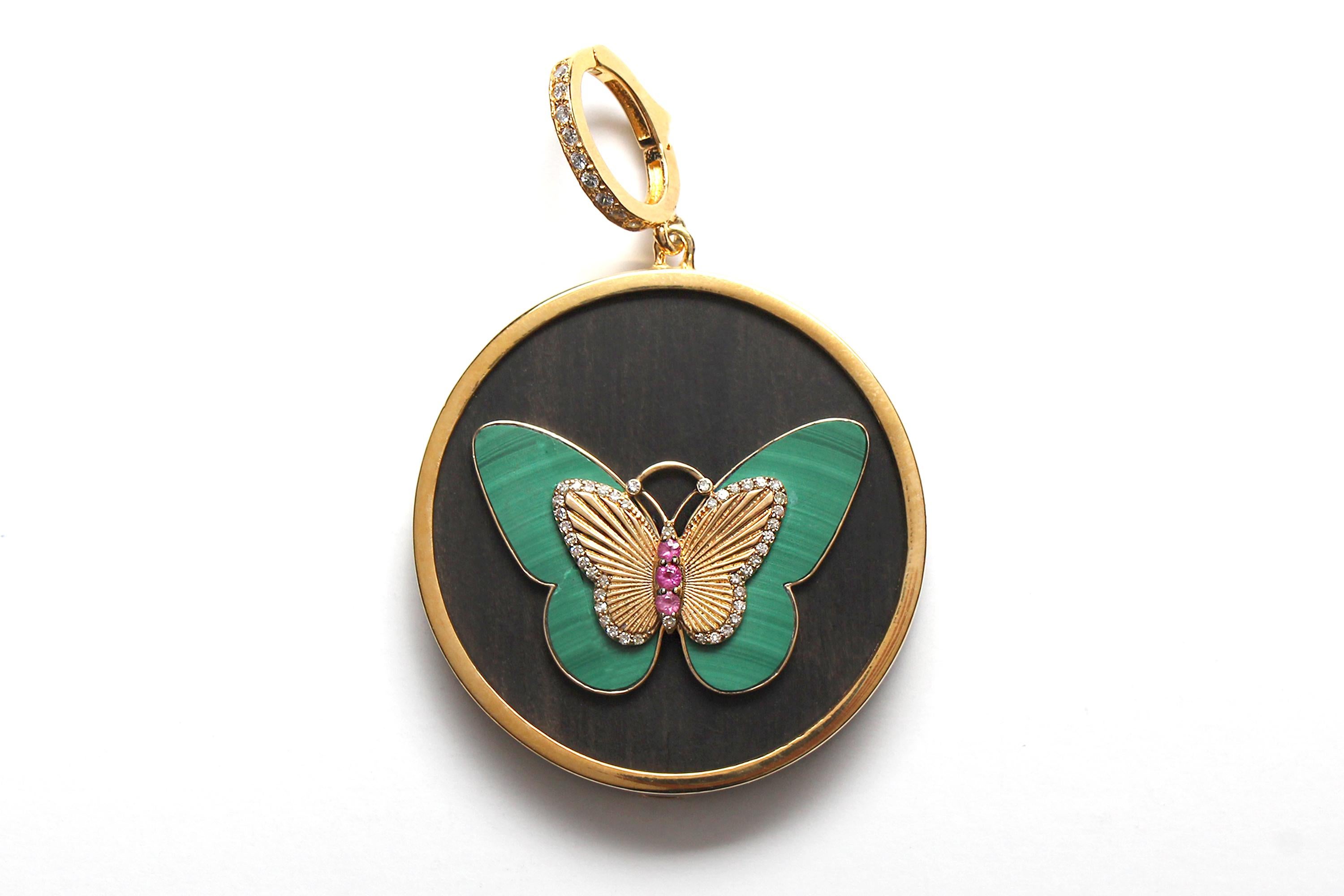 CLARISSA BRONFMAN Ebony 14k Gold Diamond Malachite Ruby Butterfly Pendant In New Condition For Sale In New York, NY