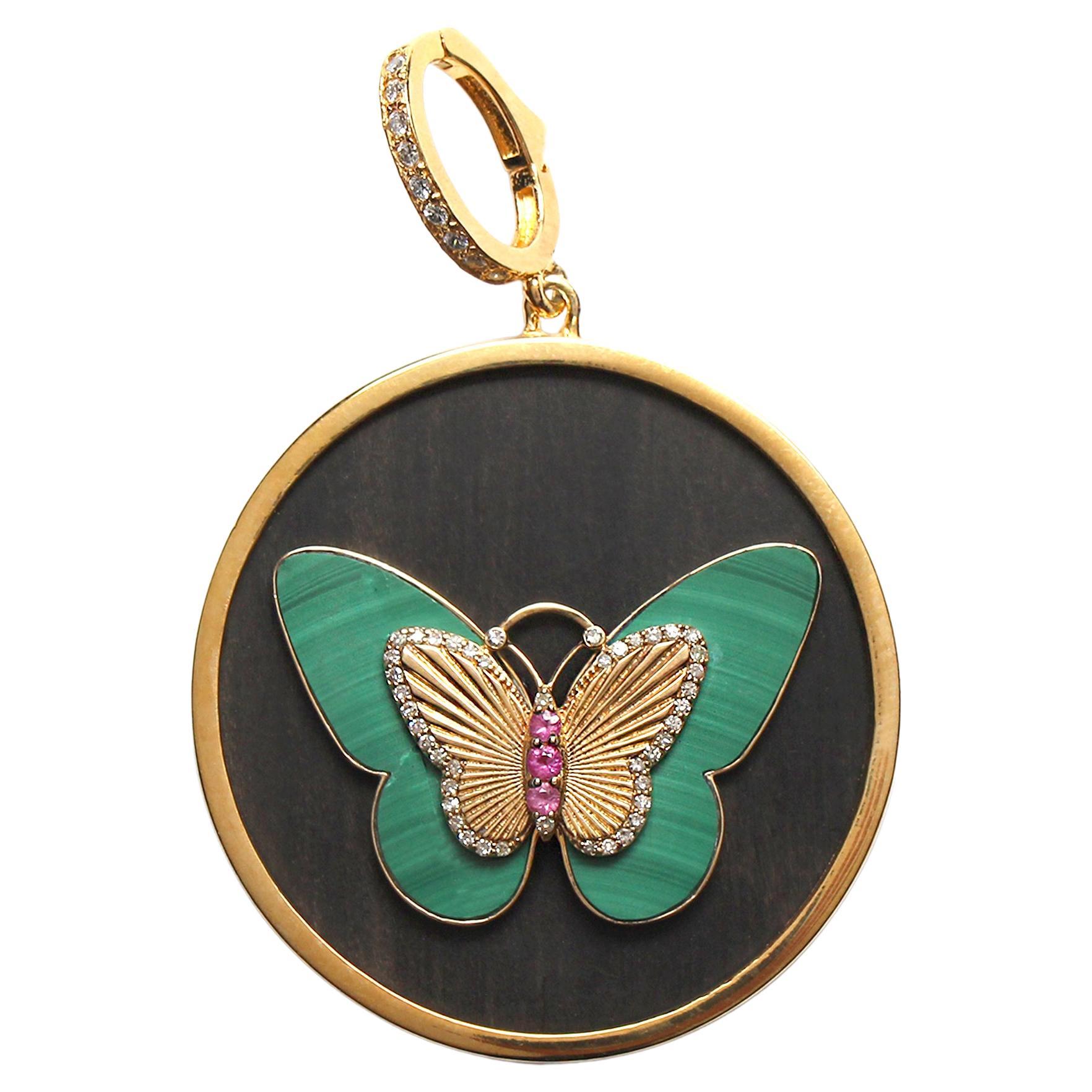CLARISSA BRONFMAN Ebony 14k Gold Diamond Malachite Ruby Butterfly Pendant For Sale