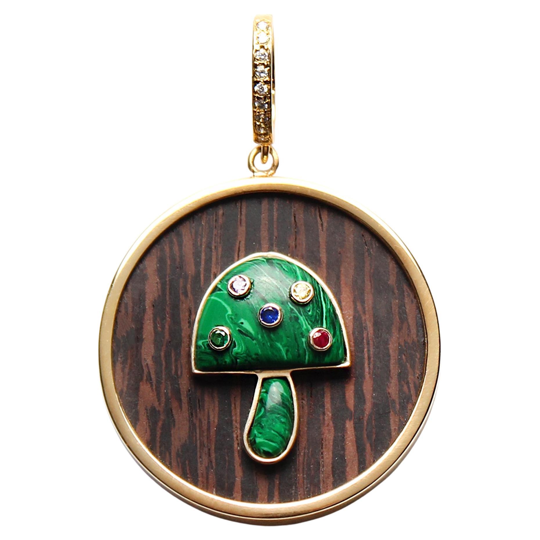 CLARISSA BRONFMAN Ebony 14k Gold Malachite Sapphire Diamond Mushroom Pendant