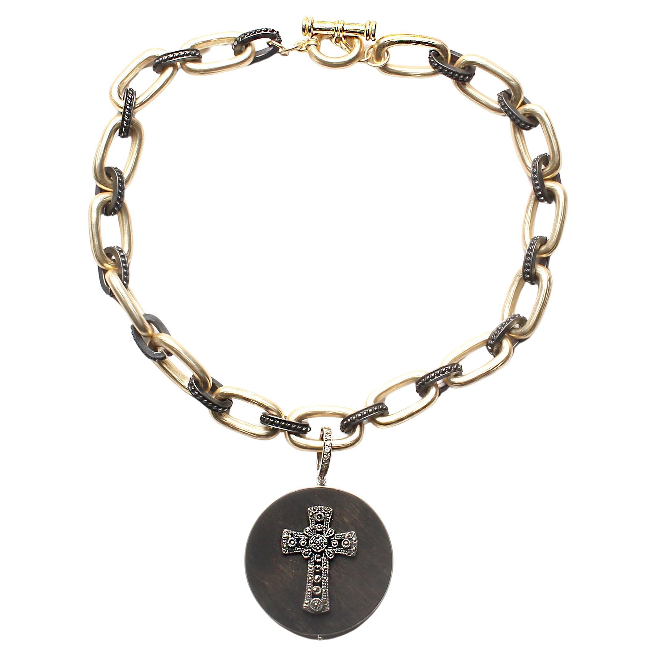 CLARISSA BRONFMAN Ebony Diamond Silver Cross Pendant & Thick Silver Link Chain