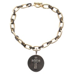 CLARISSA BRONFMAN Ebenholz-Ebenholz-Diamant-Silber-Kreuz-Anhänger & dicke Silber-Gliederkette