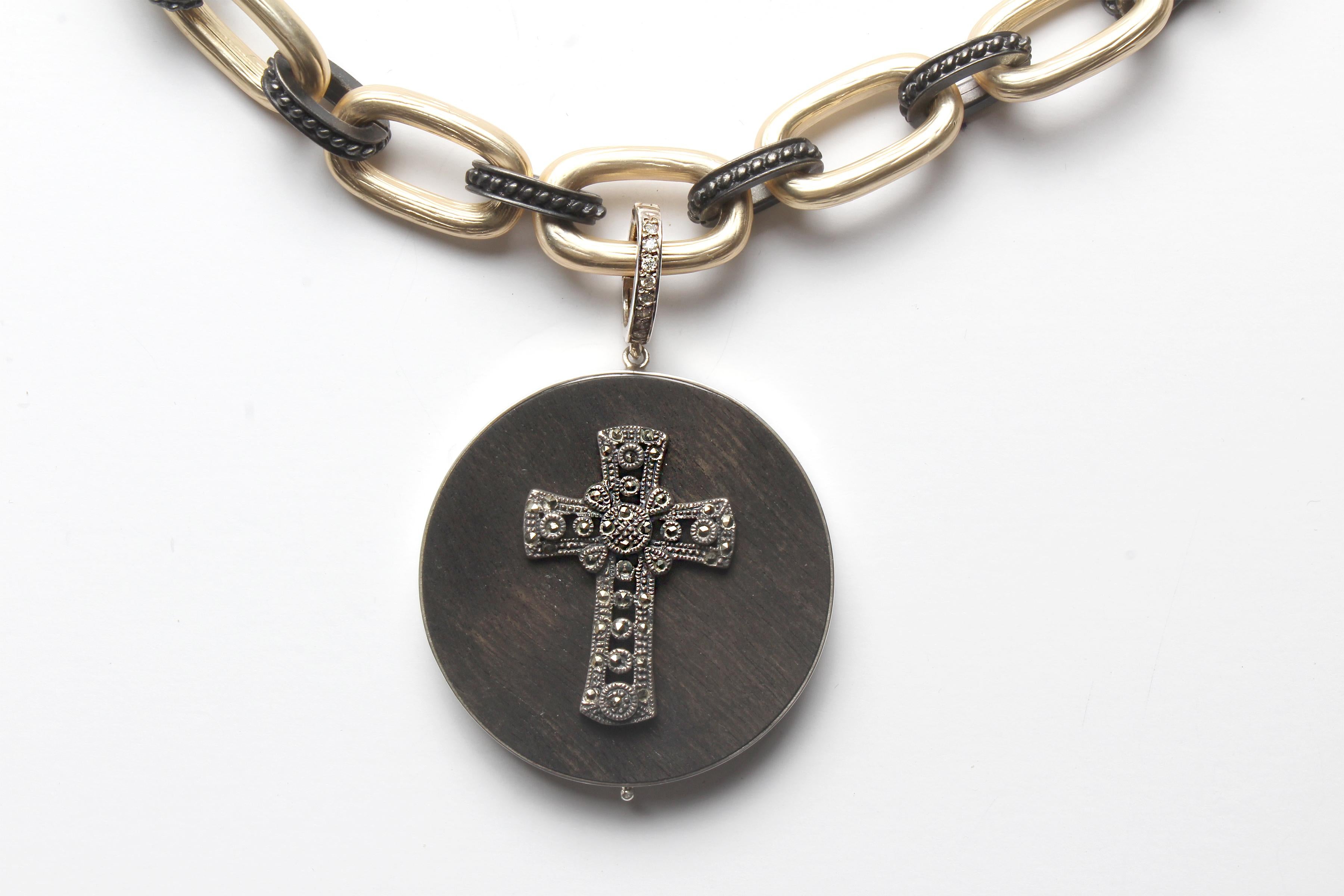 CLARISSA BRONFMAN Ebony Diamond Sun Star 2Tone Pendant & Thick Silver Link Chain In New Condition For Sale In New York, NY