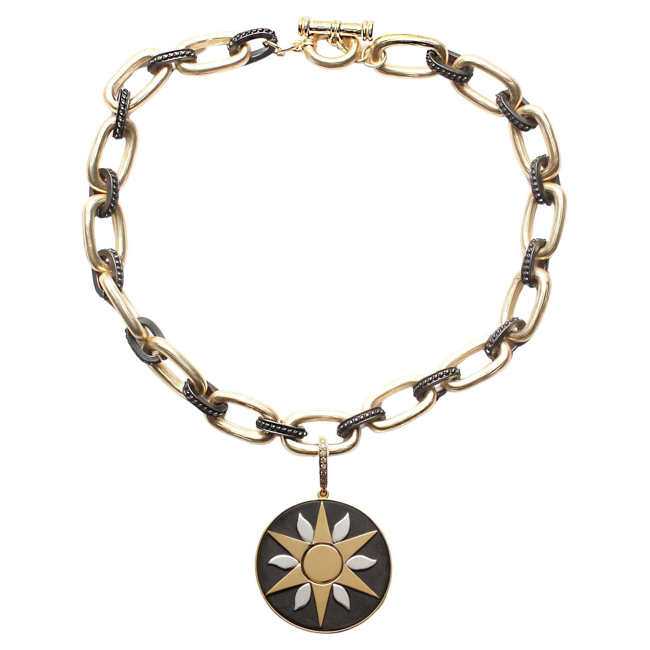 CLARISSA BRONFMAN Ebony Diamond Sun Star 2Tone Pendant & Thick Silver Link Chain For Sale