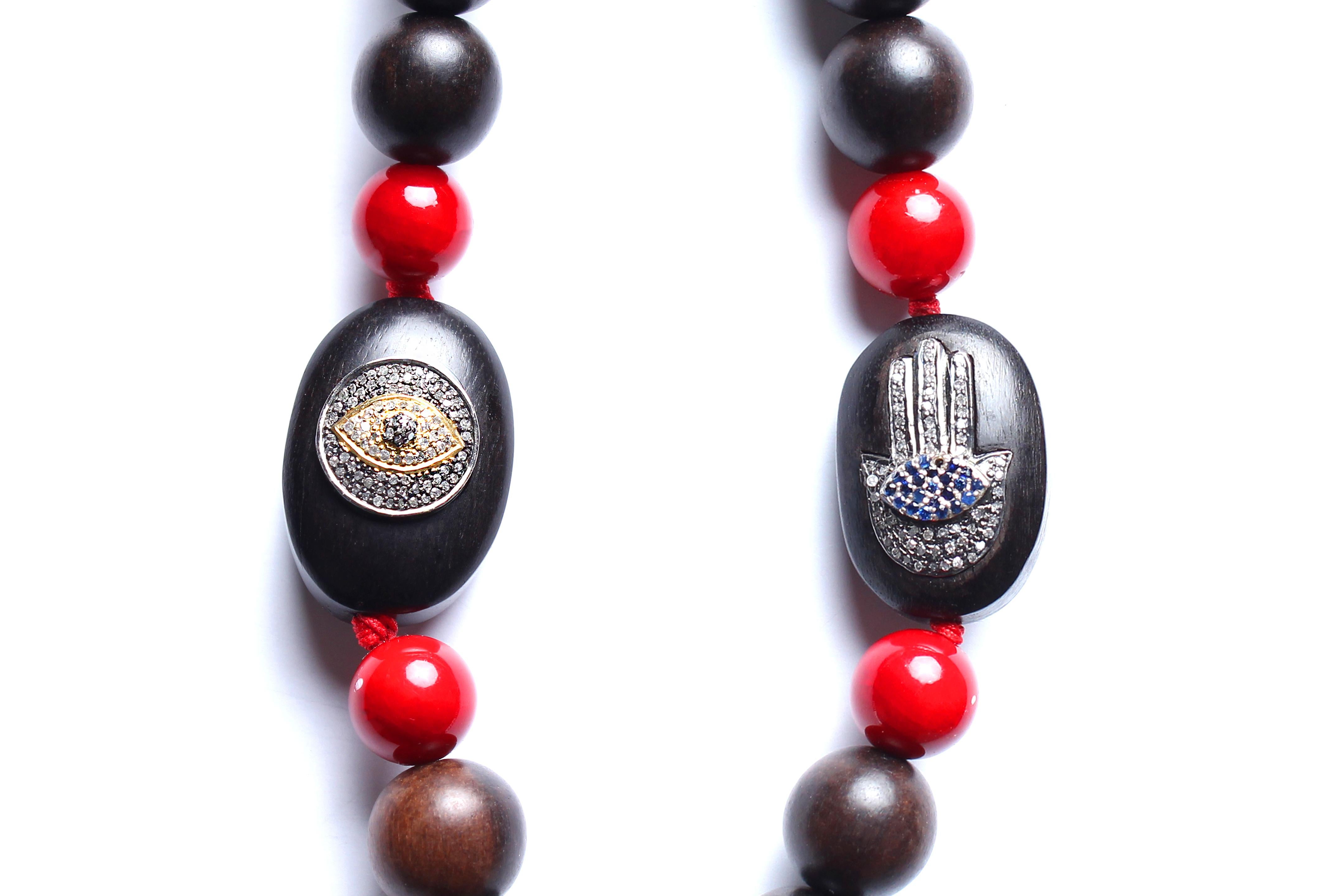Mixed Cut CLARISSA BRONFMAN Ebony Evil Eye Pendant Ebony Sapphire Cinnabar Beaded Necklace For Sale