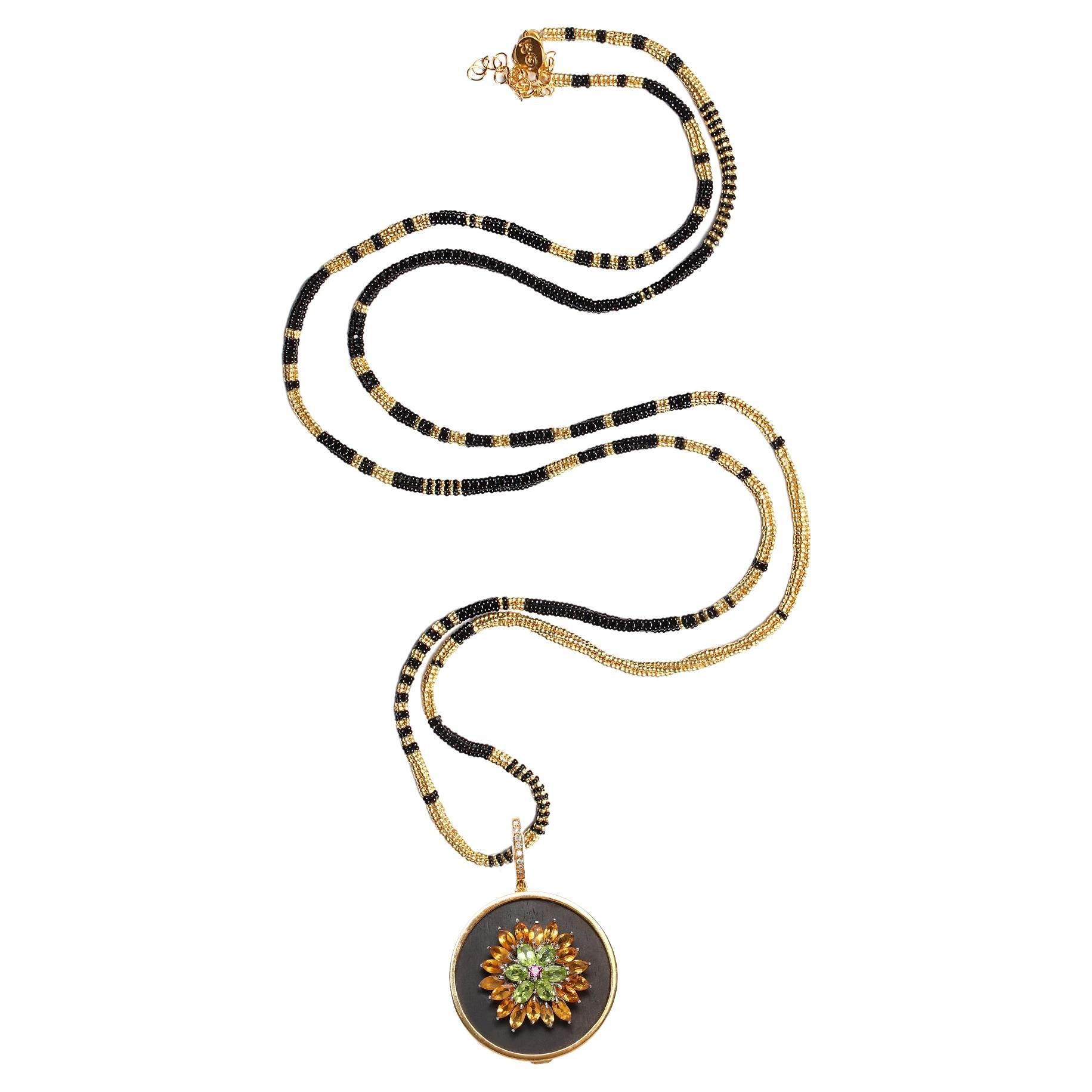 CLARISSA BRONFMAN Ebony Gold Citrine Peridot Pendant &Alonso Gold Black Necklace
