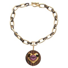 CLARISSA BRONFMAN Ebony Pink Sappphire Lips Pendant & Thick Silver Link Necklace