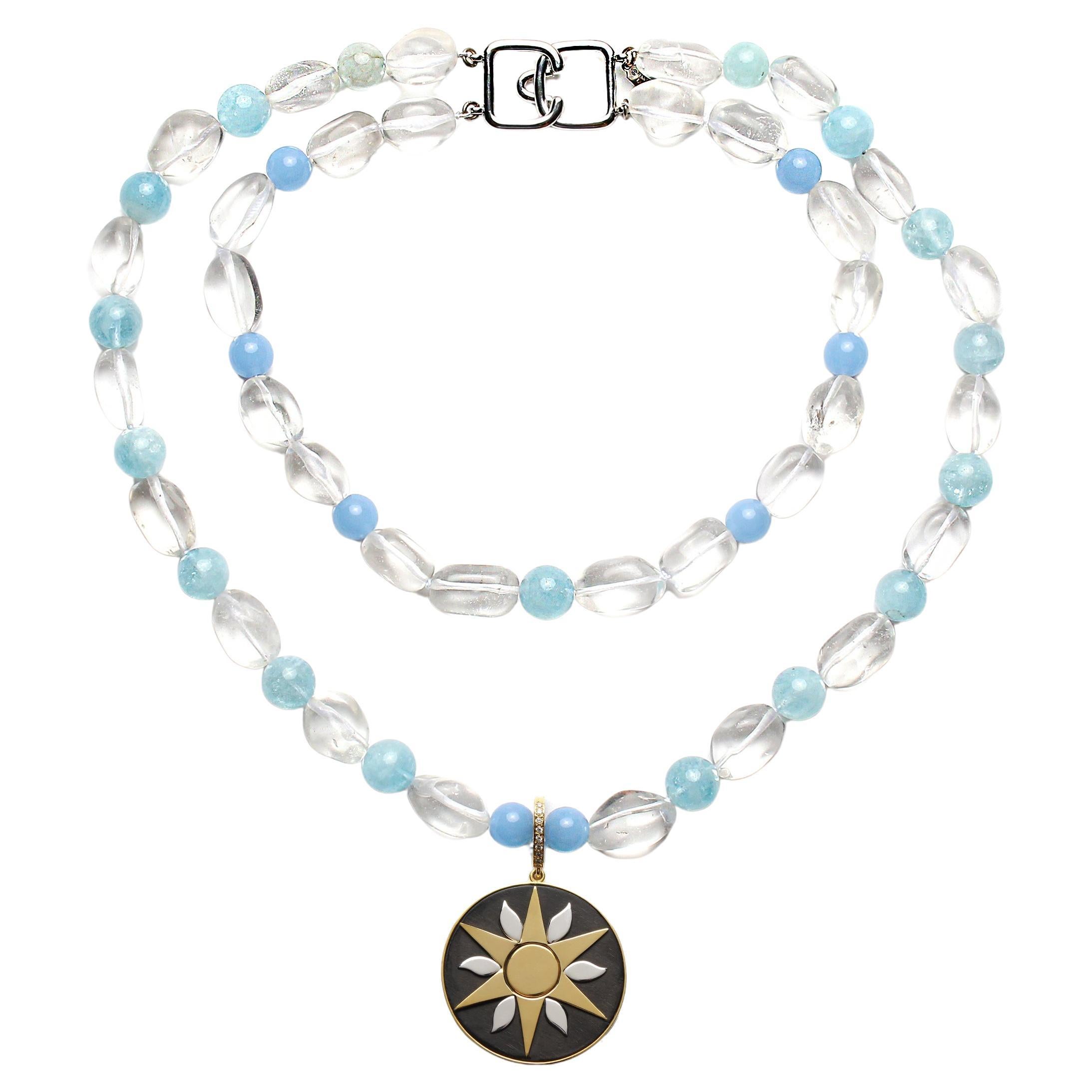 CLARISSA BRONFMAN Sonnenstern-Anhänger aus Ebenholz an 2-reihiger Aquamarin-Perlenkette im Angebot