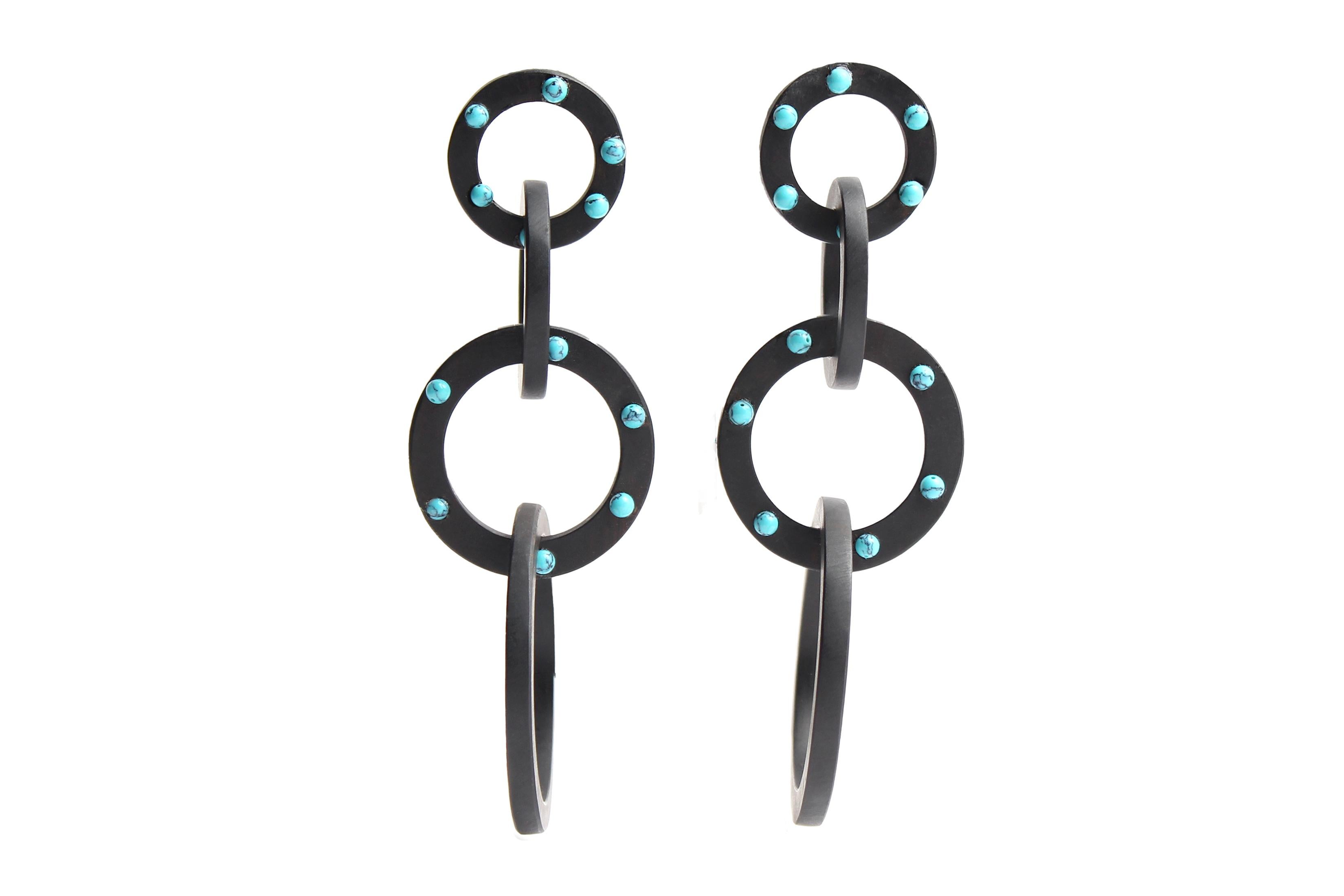 Mixed Cut CLARISSA BRONFMAN Ebony Turquoise 4 Tier Hoop Earrings For Sale