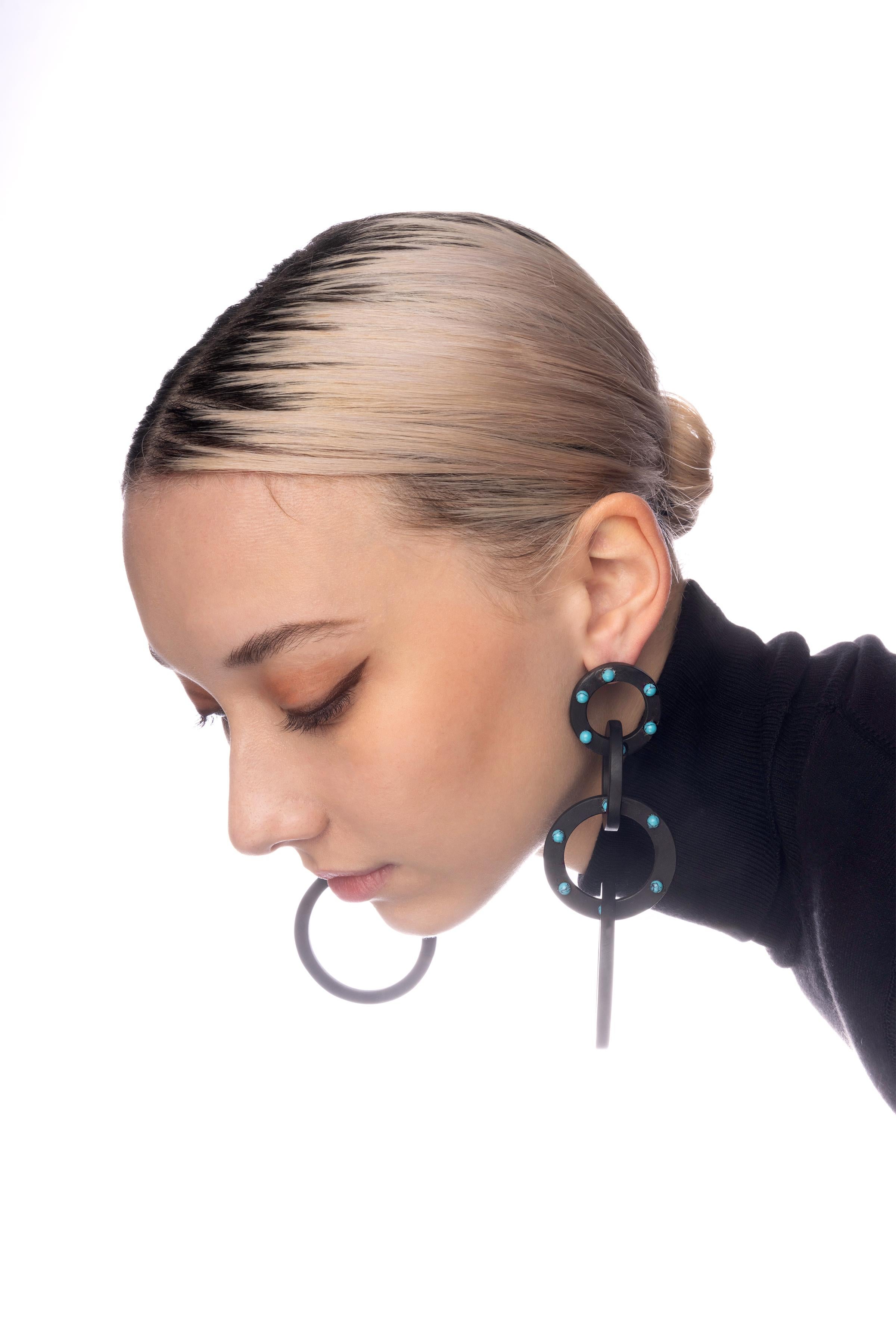 CLARISSA BRONFMAN Ebony Turquoise 4 Tier Hoop Earrings In New Condition For Sale In New York, NY