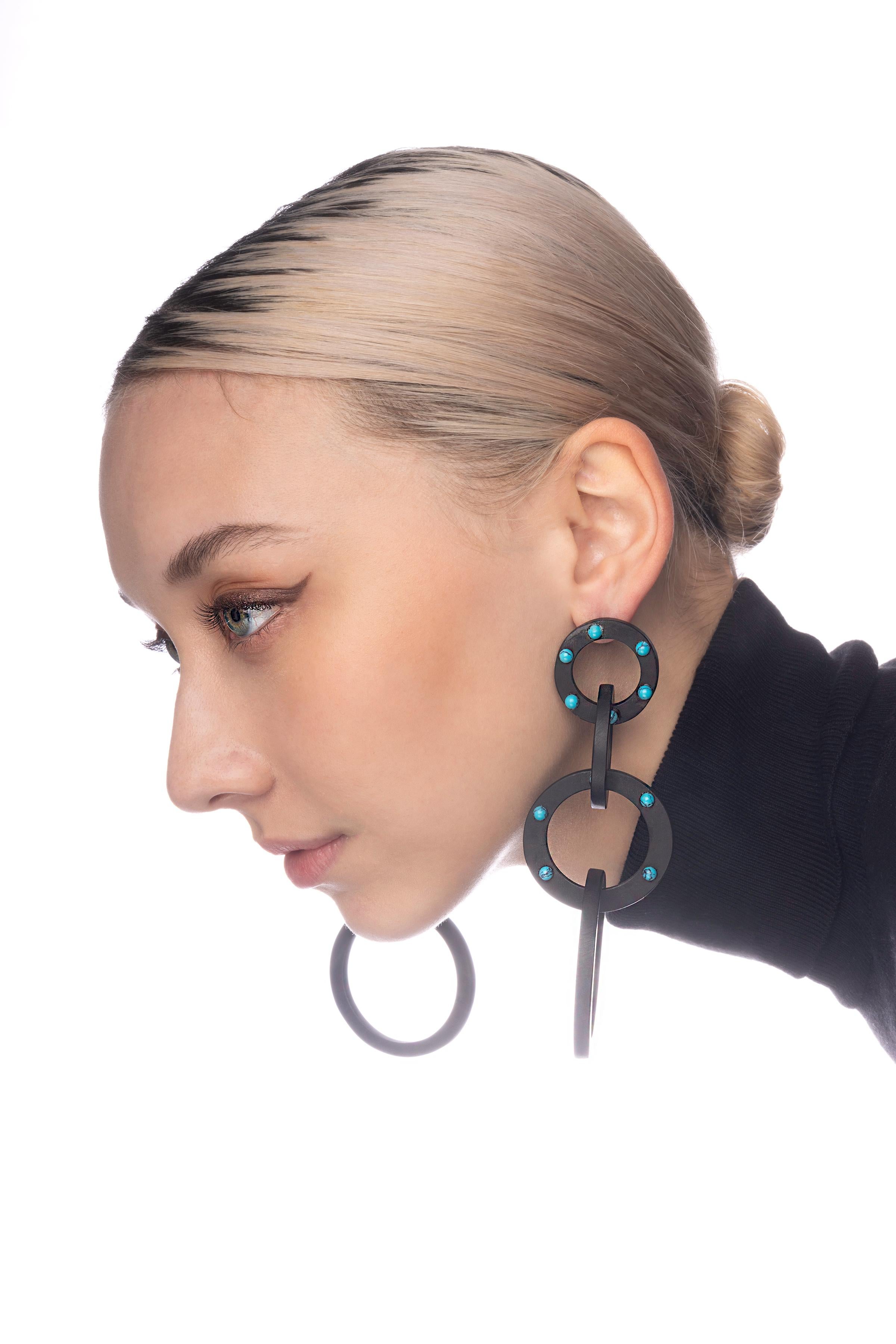 Contemporary CLARISSA BRONFMAN Ebony Turquoise 4 Tier Hoop Earrings For Sale