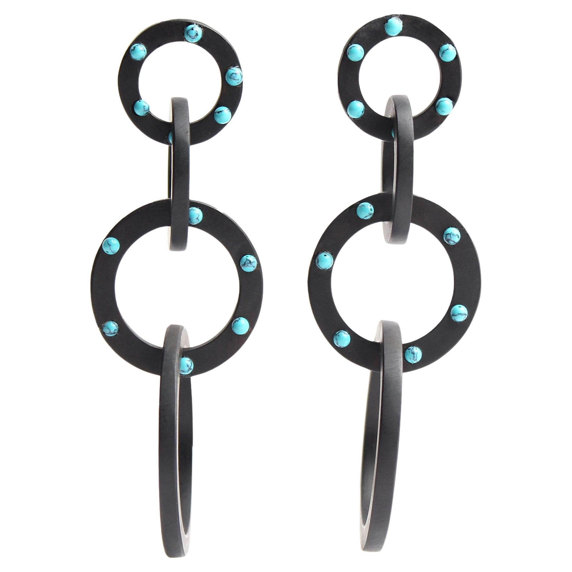 CLARISSA BRONFMAN Ebony Turquoise 4 Tier Hoop Earrings For Sale