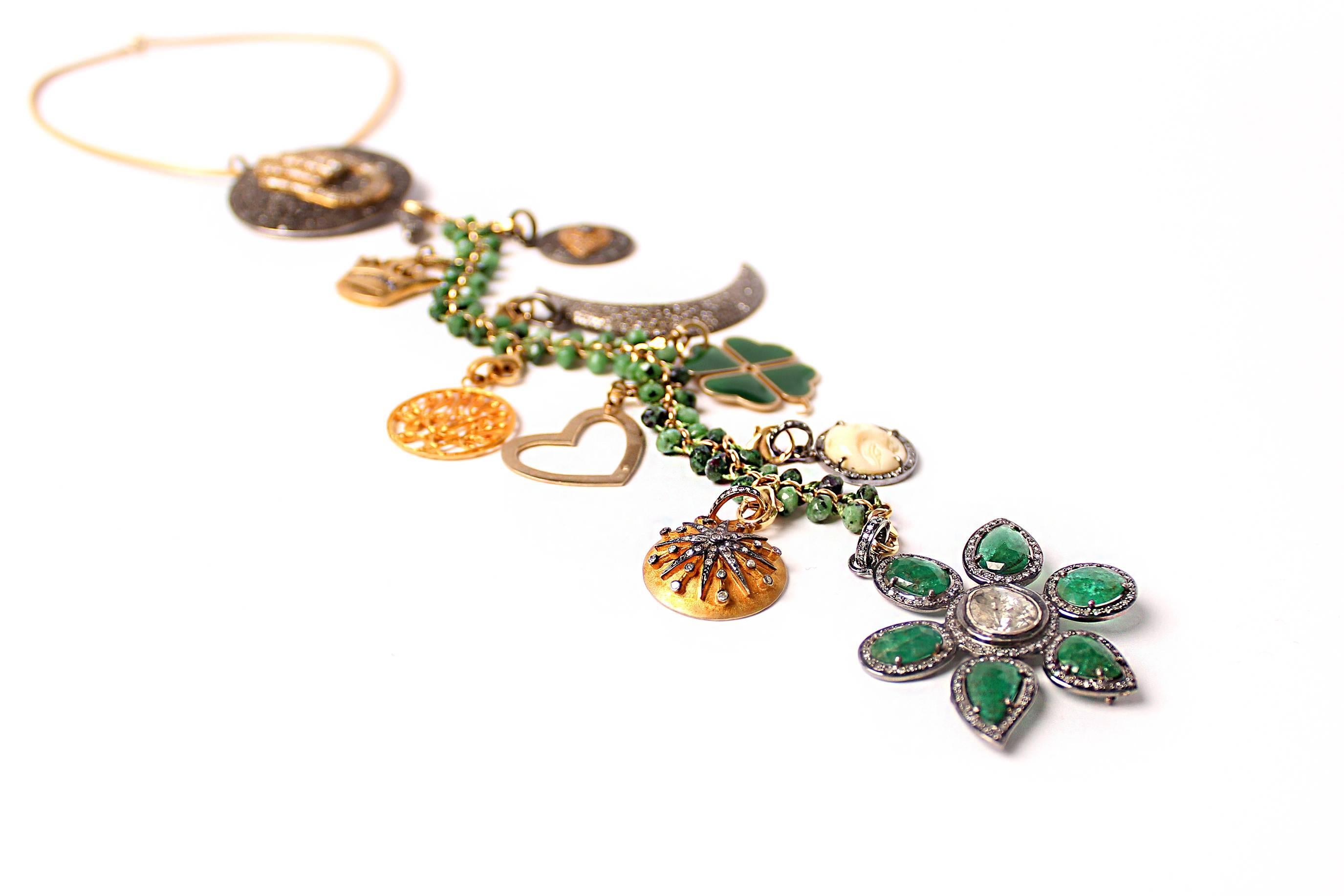Contemporary Clarissa Bronfman Emerald, Diamond, Bone, 'Tempest' Symbol Tree Necklace