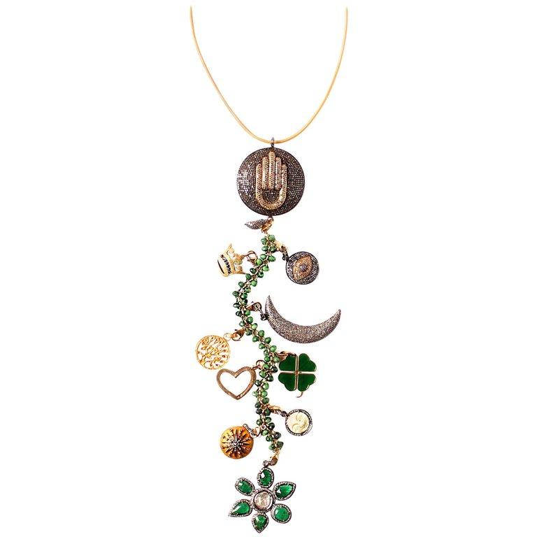 Clarissa Bronfman Emerald, Diamond, Bone, 'Tempest' Symbol Tree Necklace In New Condition In New York, NY