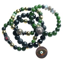 Clarissa Bronfman Emerald Diamond Gold Jade Onyx Ebony Beaded Bracelet Lot of 4