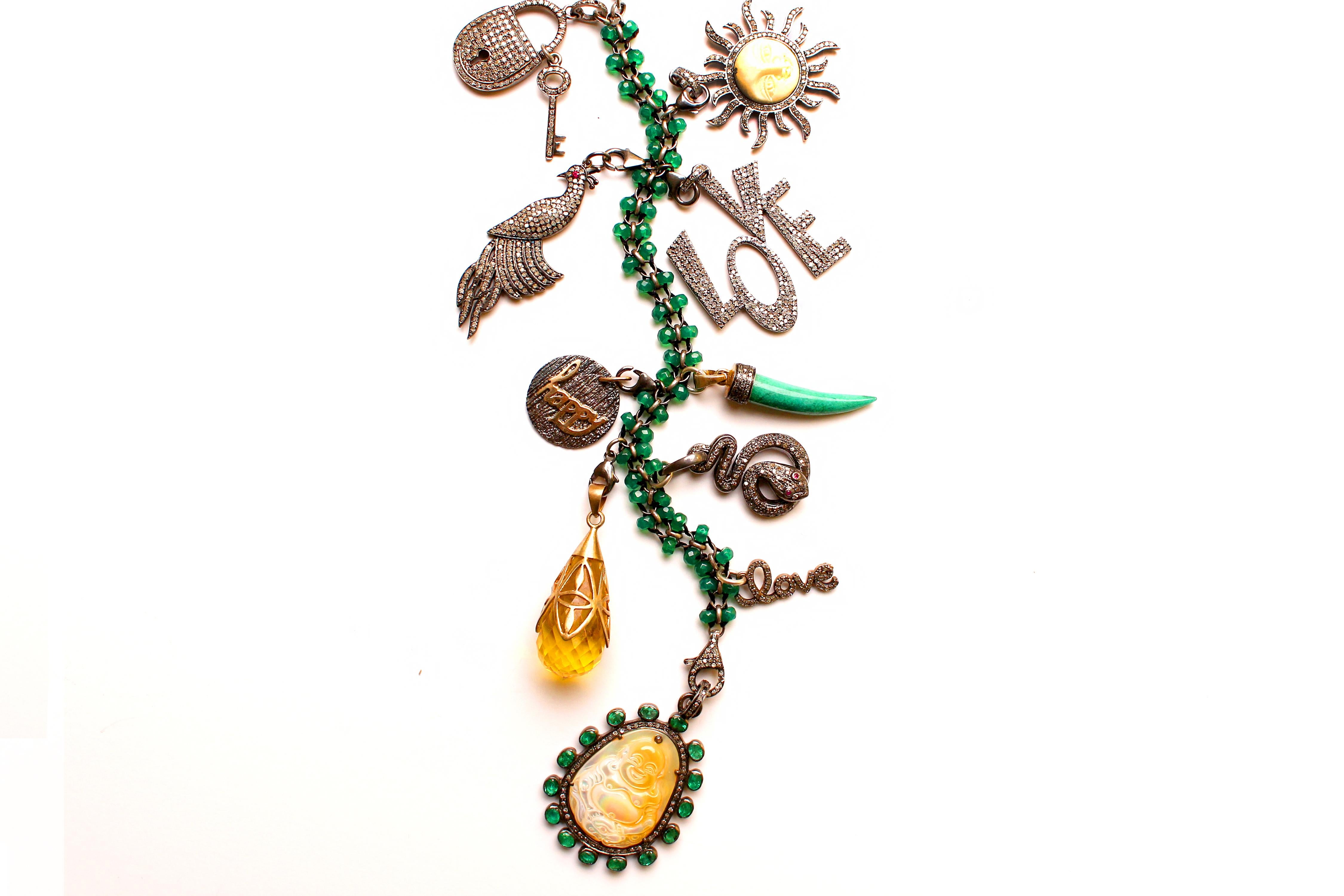 Clarissa Bronfman Emerald, Jade, Diamond 'Secret Story' Symbol Tree Necklace In New Condition In New York, NY