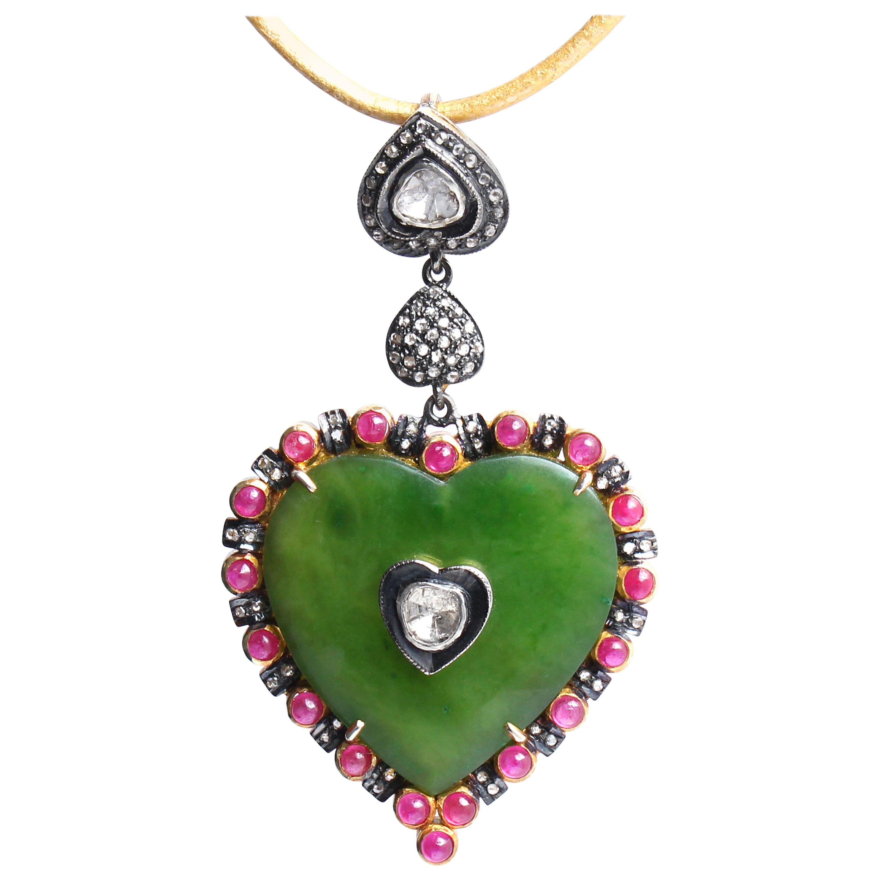 Clarissa Bronfman Emerald, Ruby, Rose Cut Diamond, 14 Karat Gold Heart Pendant