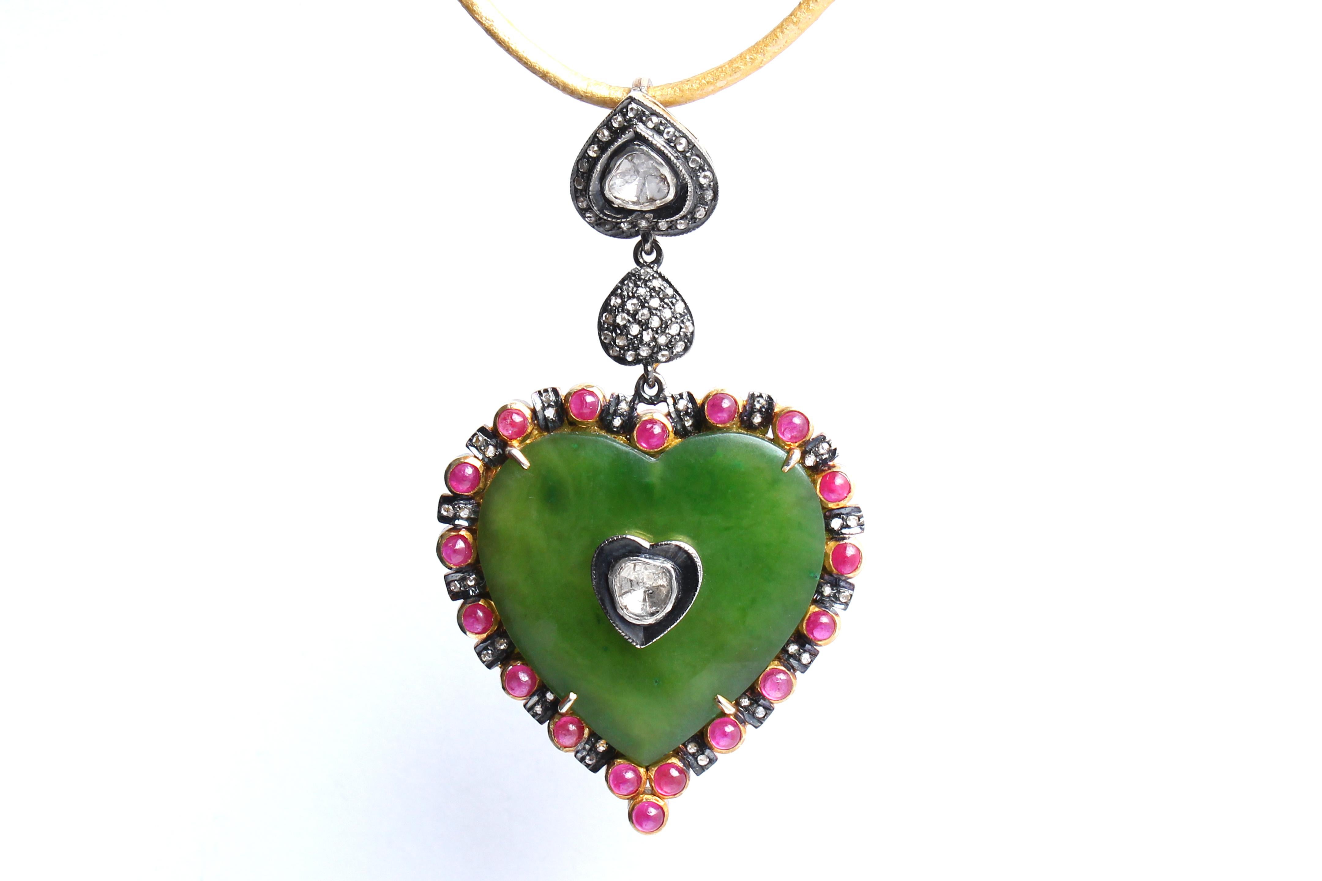 Contemporary Clarissa Bronfman Emerald, Ruby, Rose Cut Diamond, 14 Karat Gold Heart Pendant